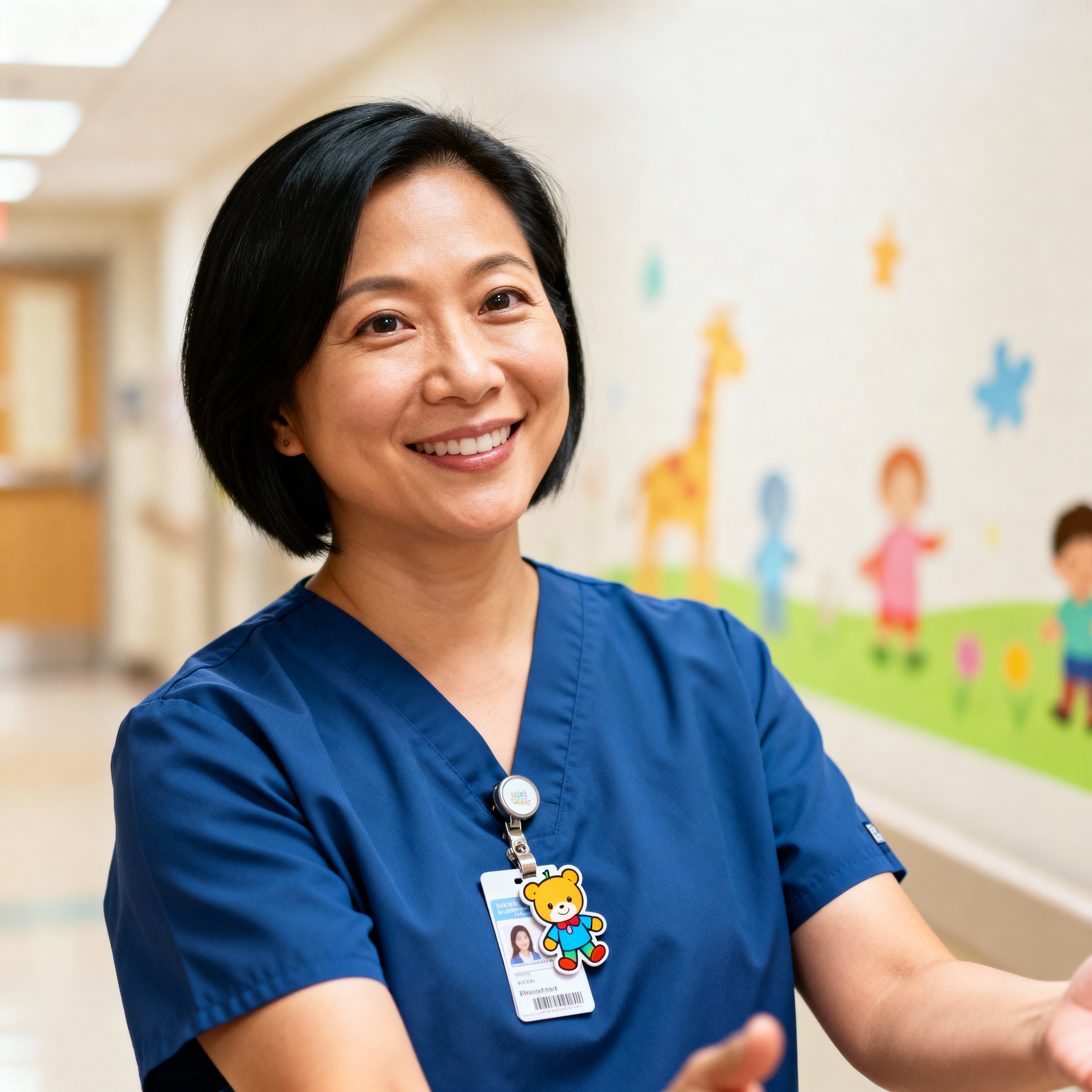 Half-body portrait of Mei Lin, 45, a Chinese American pediatric nurse in soft-blue scrubs (#8FBCE6) with a pale-yellow badge (#FFD66B), warm skin tones (#E7B89A), a gentle smile, even light, and a pale-gray hallway (#F2F4F6) with teal (#6FC