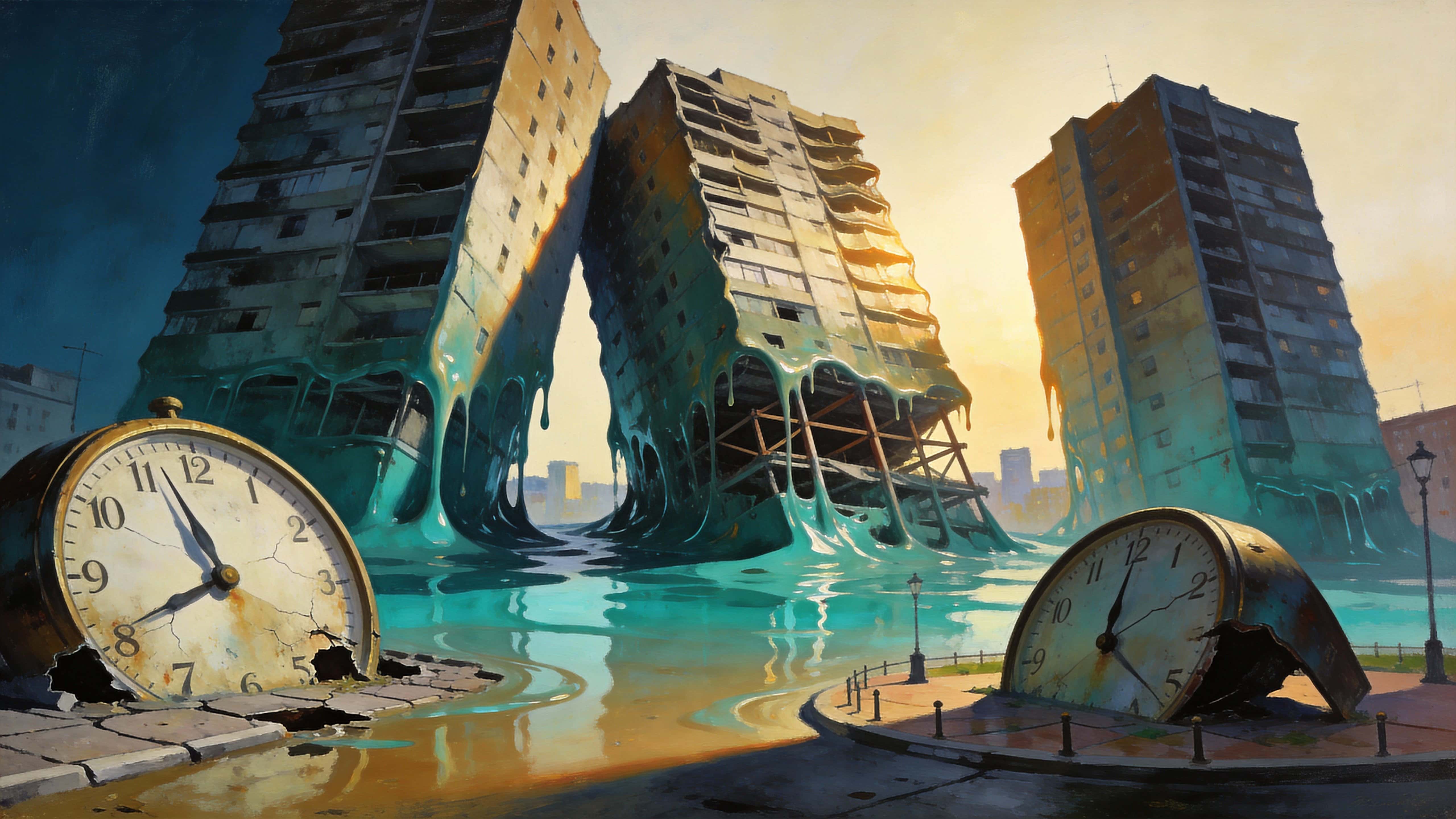 Surreal digital painting of melting objects—clocks and city buildings—composed for a cinematic 16:9 wallpaper with low warm light, painterly textures, and dreamy atmosphere.