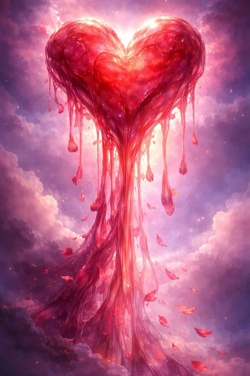 A towering, glowing red watercolor heart monument melts and drips long ribbons that transform into rose petals as they fall through a misty violet sky, captured vertically.
