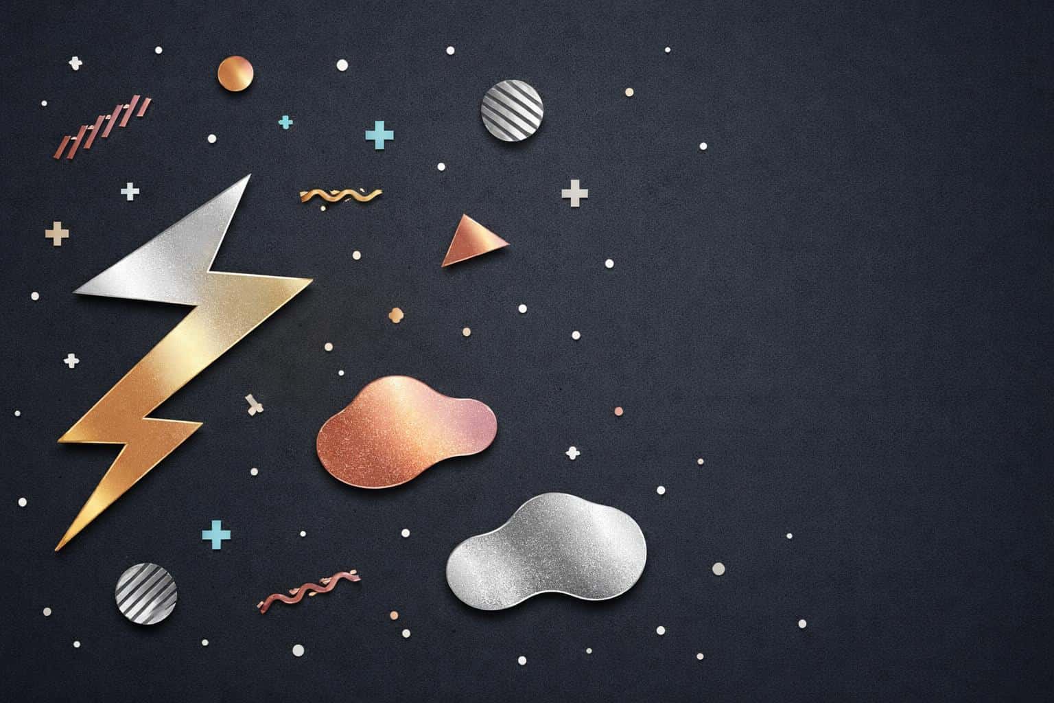 Memphis-inspired abstract composition on a dark cool-gray night-sky background with scattered metallic silver, gold, and copper accents rendered as a vector poster-cover illustration.