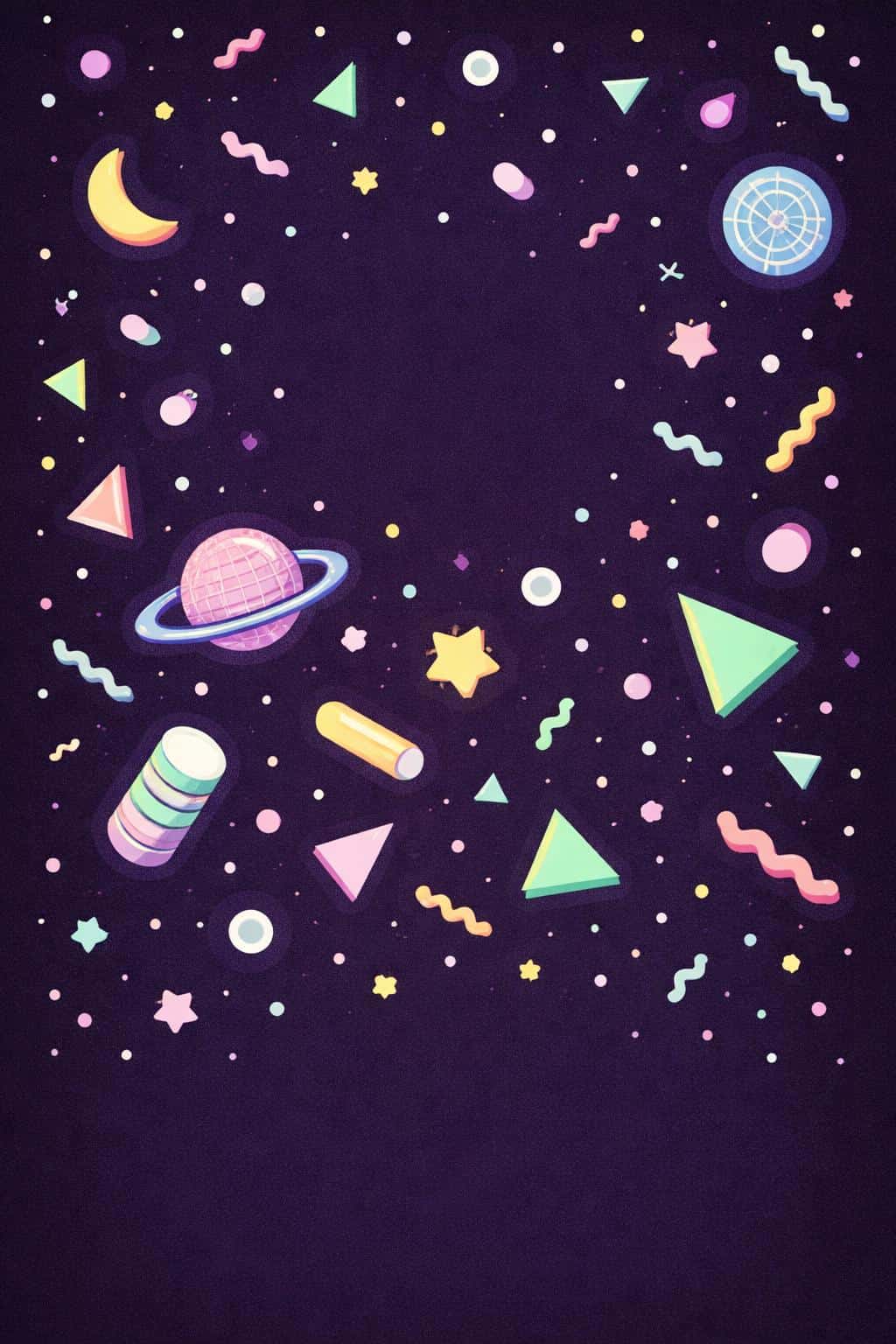 A vertical 2:3 vector illustration of a Memphis-style night sky with pastel geometric motifs drifting across a deep purple field, designed as a poster-cover for modern interiors and prints.