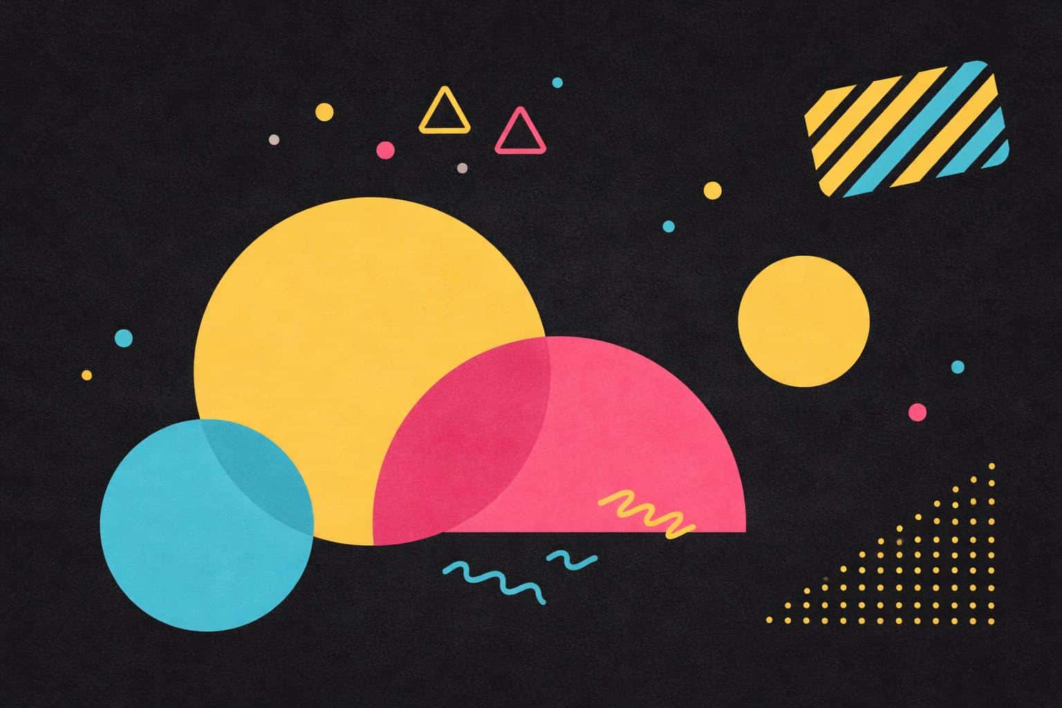 High-fidelity vector recreation of a Memphis-style geometric composition with bold shapes, bright cyan/pink/yellow accents and a black textured background for wallpaper use.