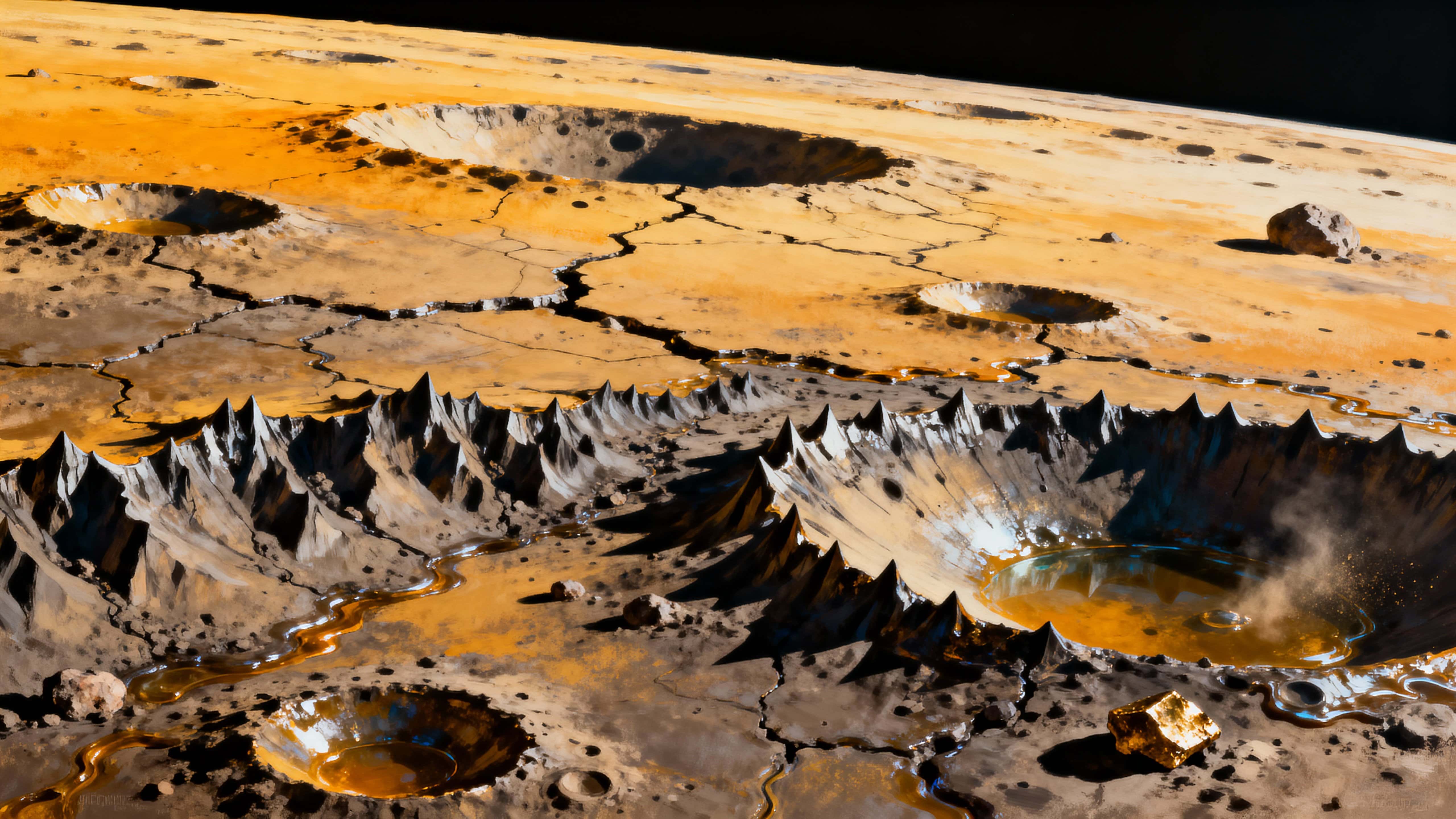 A close-up view of Mercury’s chaotic terrain showing cracked plains, impact basins, sunlit ridges and stark shadows framed in a 16:9 crop for dramatic contrast and scale.