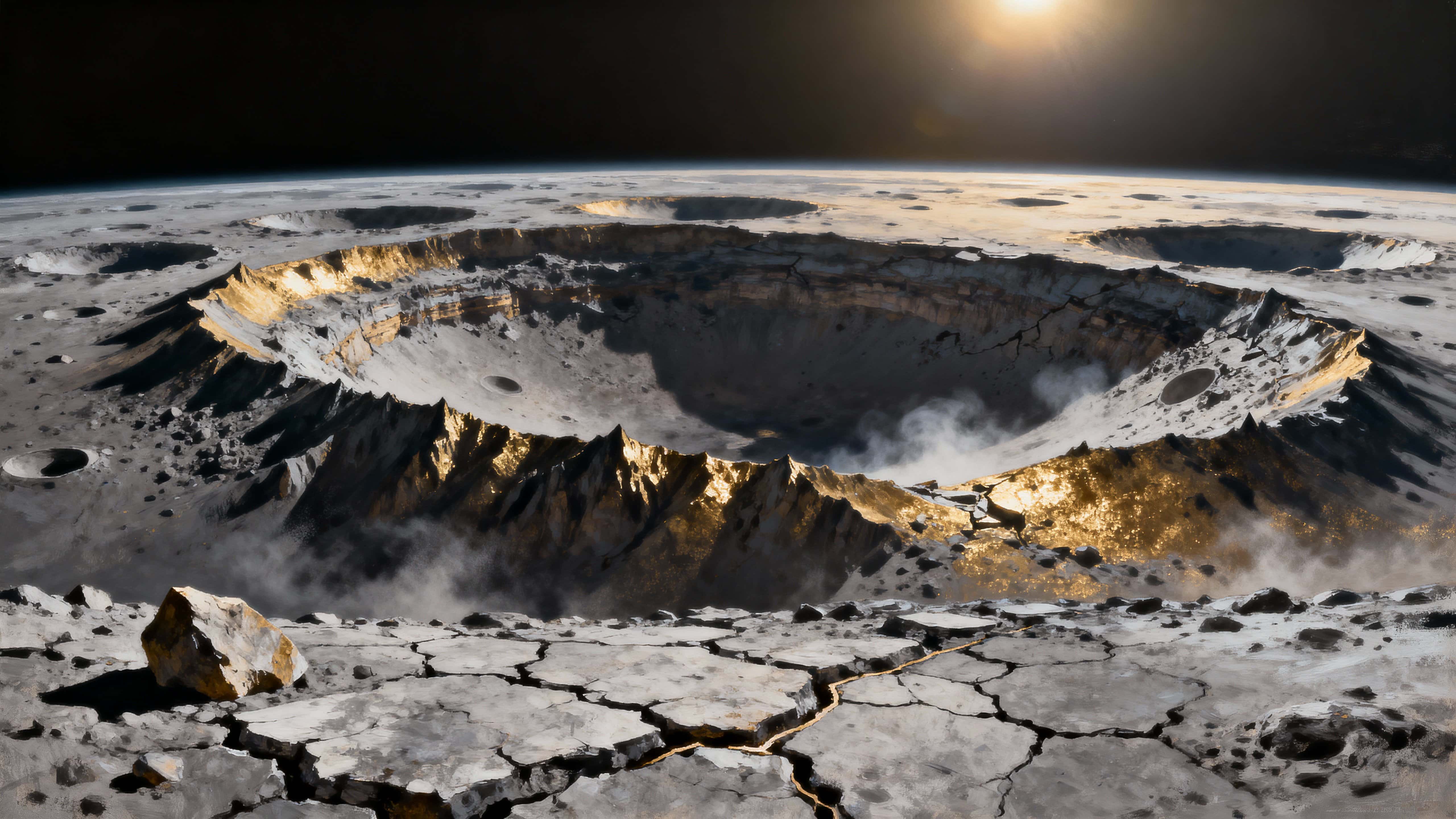 A close, 16:9 study of Mercury’s chaotic terrain showing cracked plains, overlapping impact basins, and sunlit ridges where intense solar light sculpts sharp contrasts and deep shadows across jagged crustal textures.