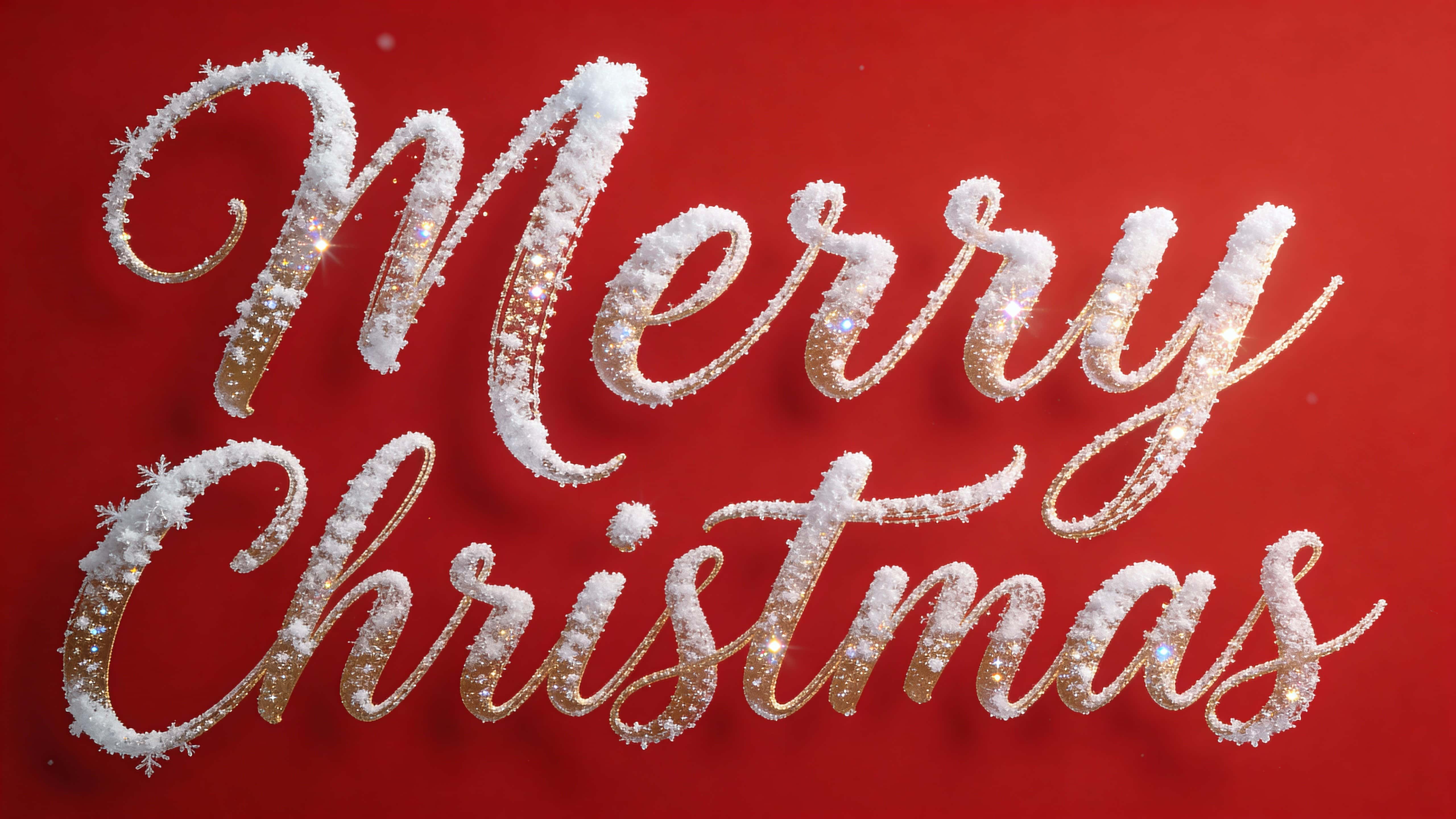 Refined "Merry Christmas" calligraphy in flowing handwritten script with delicate frost texture and light snow on strokes, icy highlights and subtle sparkle on a clean solid red background.