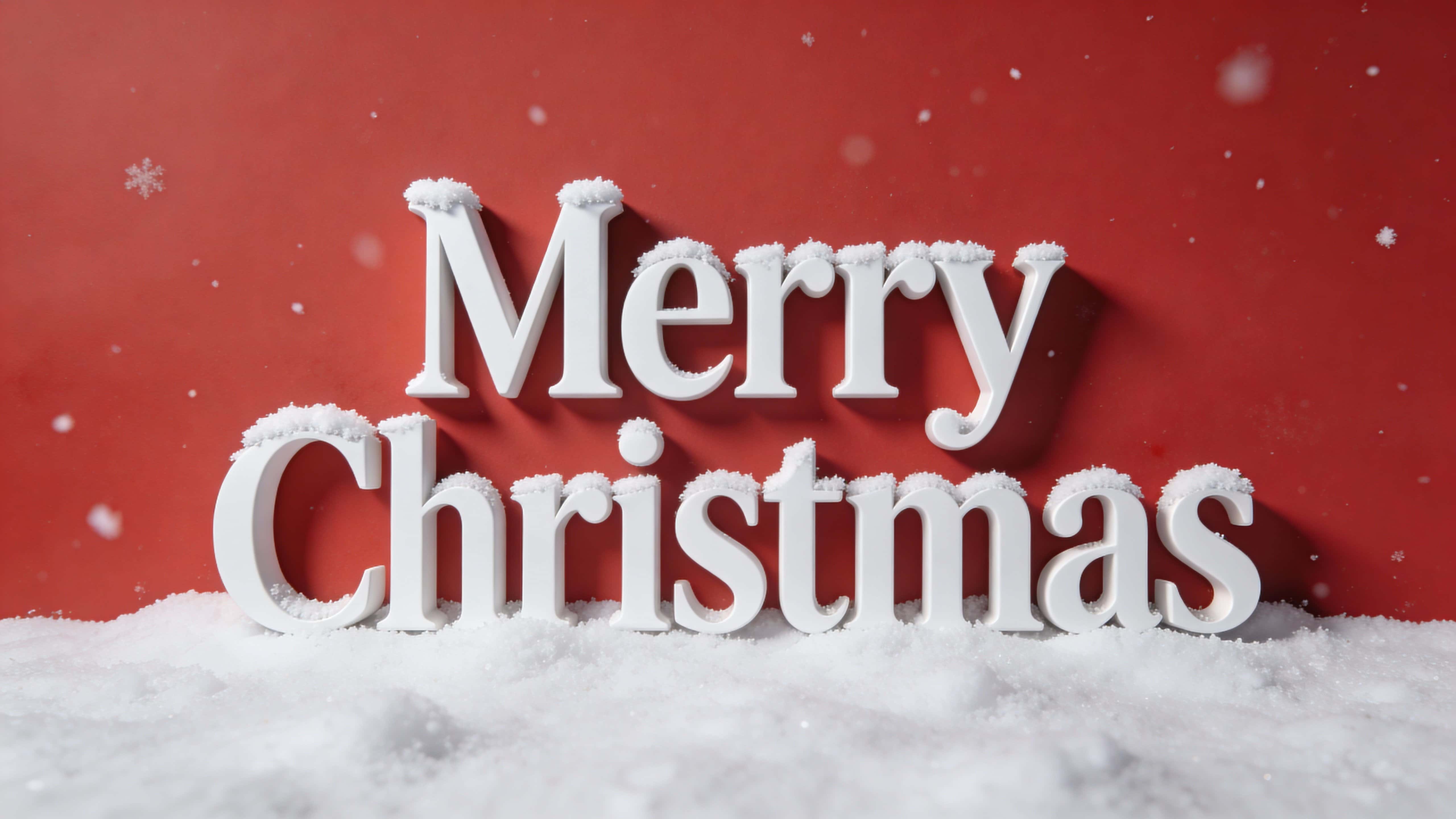 Photorealistic 3D white 'Merry Christmas' lettering centered on a solid red background with soft snow, subtle particles and studio lighting, minimal and festive.