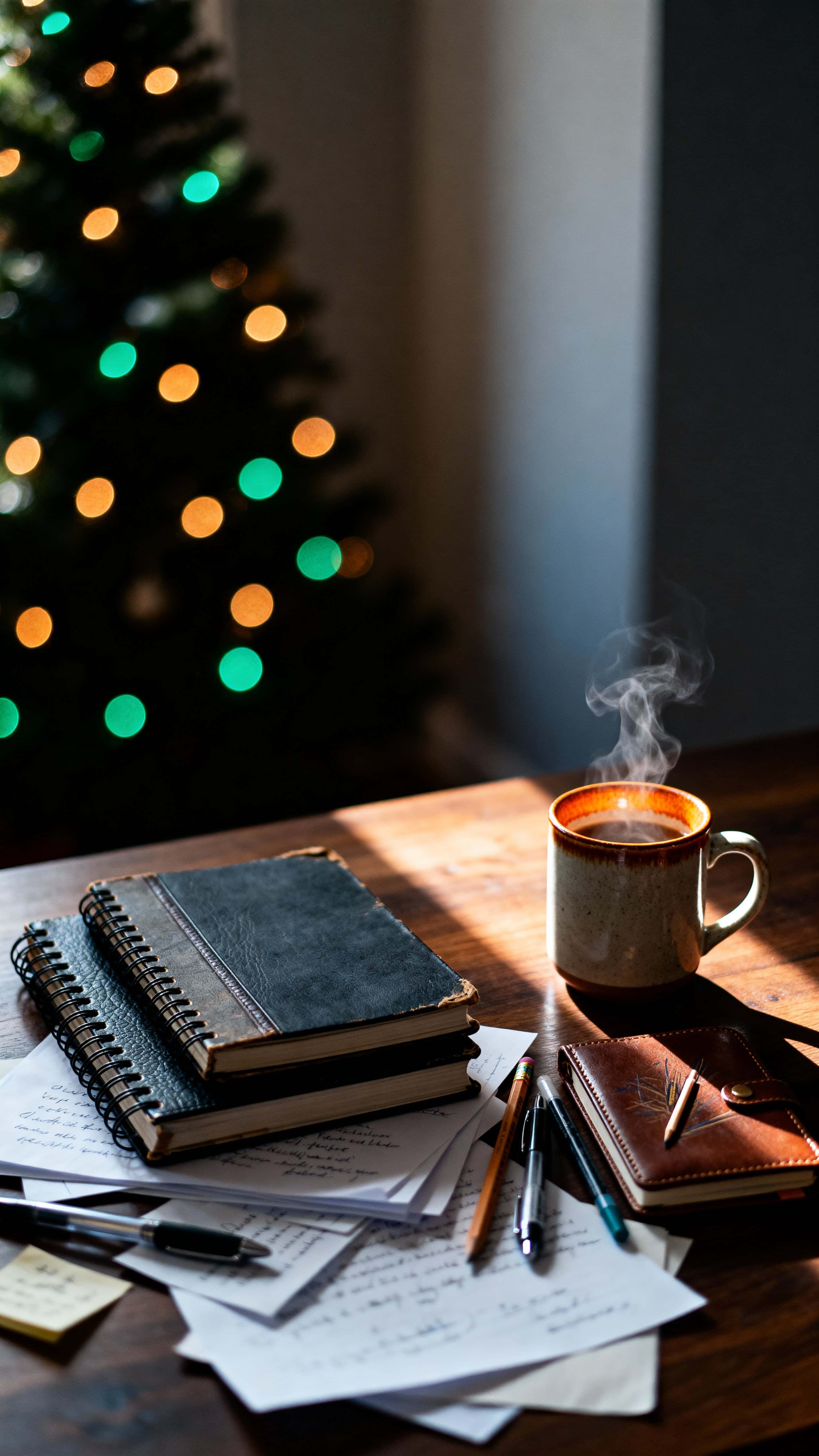 Vertical photo of a cozy, lived-in desk cluttered with notebooks, pens, papers and a steaming mug, softly lit by amber Christmas-tree glow for a warm, inviting mood.