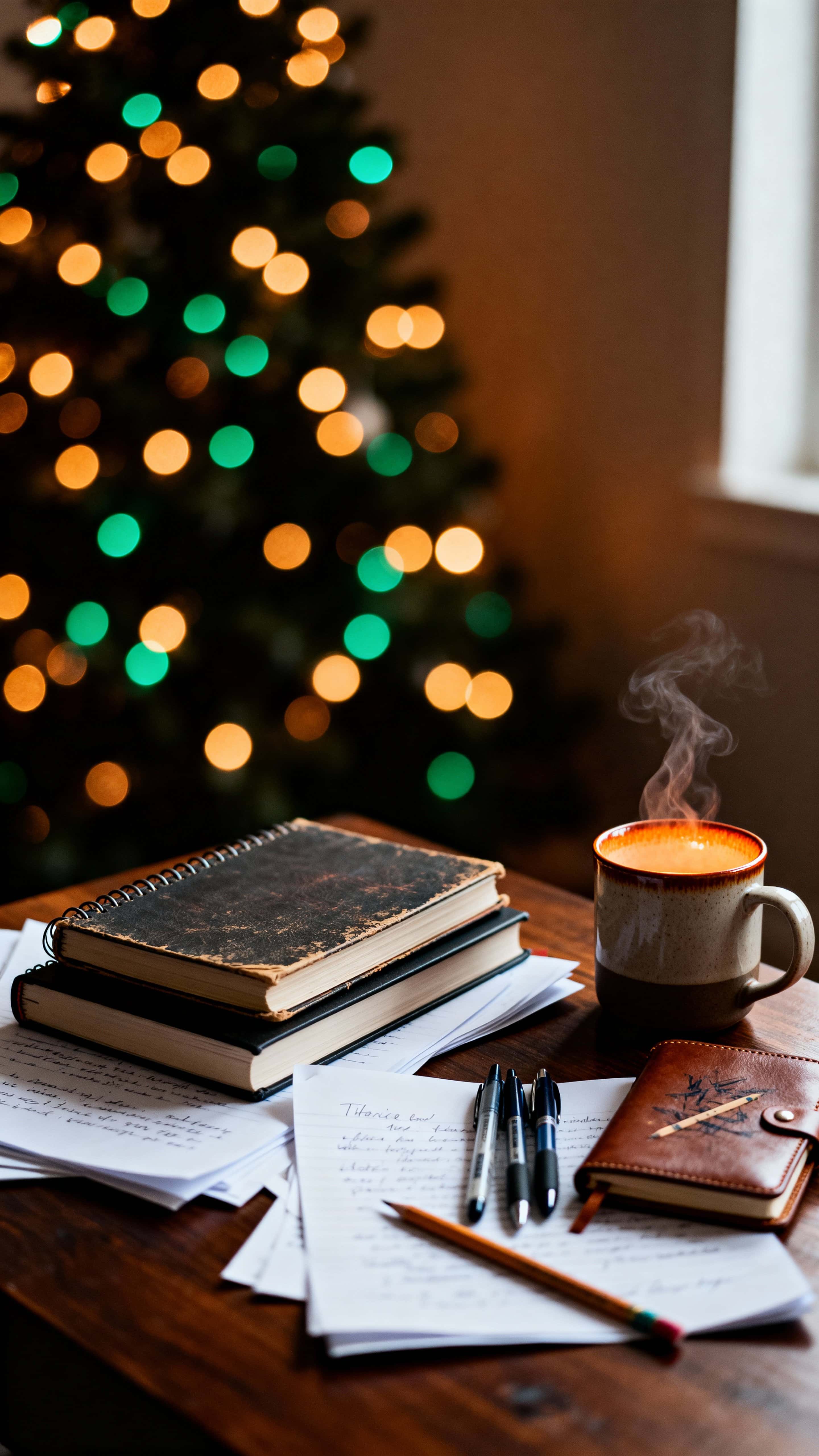 Vertical photo of a cozy, lived-in desk cluttered with notebooks, pens, papers and a steaming mug, softly lit by amber Christmas-tree glow for a warm, inviting mood.