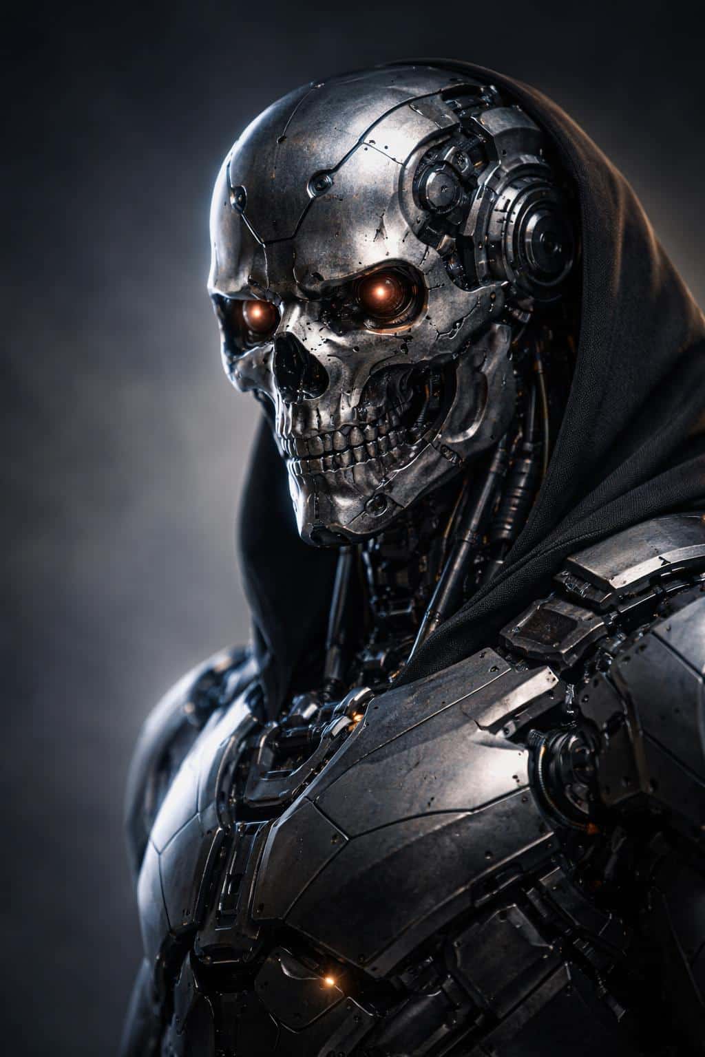 Close, faithful 2:3 portrait of a hooded metal skull cyborg rendered as a dark 3D study for poster use, emphasizing composition, lighting, and material detail.