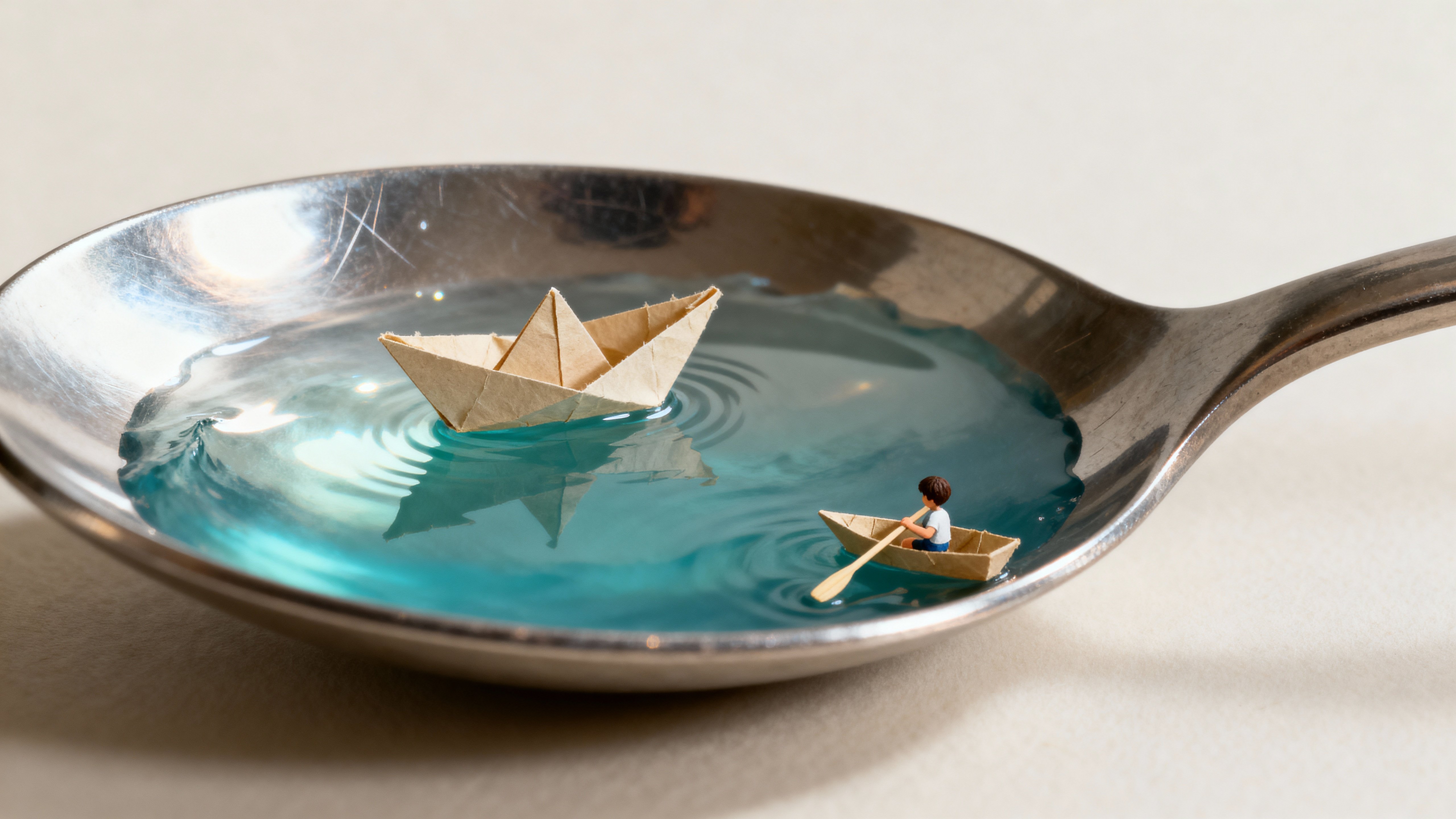 A metal spoon cups a tiny ocean with slow rhythmic waves and a small paper boat while a miniature child paddles with a toothpick oar under soft cool light framed in a 16:9 crop.