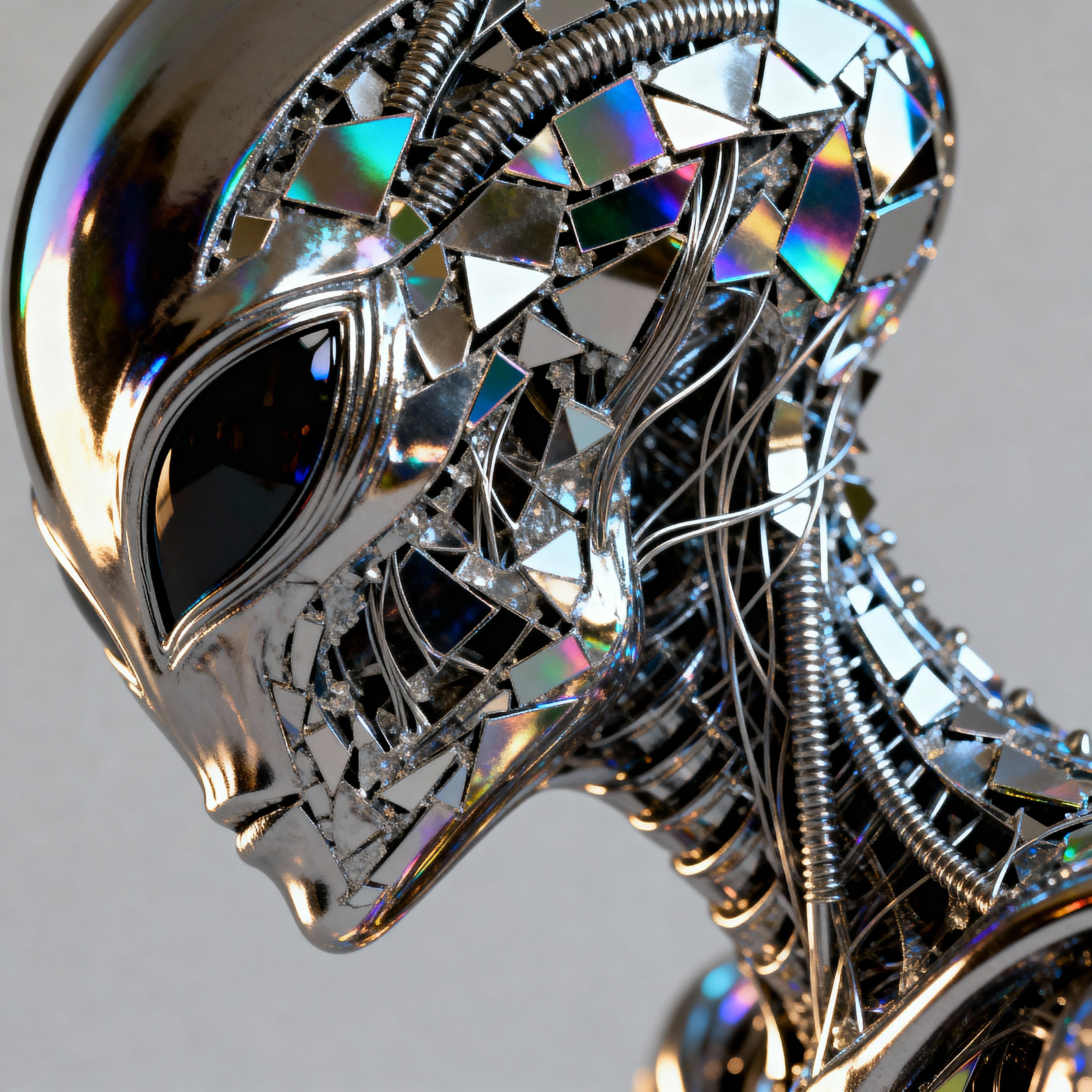 A stunningly photorealistic alien crafted from shimmering metal particles, composed of intricate reflective fragments that catch and scatter light. The creature has an otherworldly, elegant silhouette with fine metallic filaments and micro-