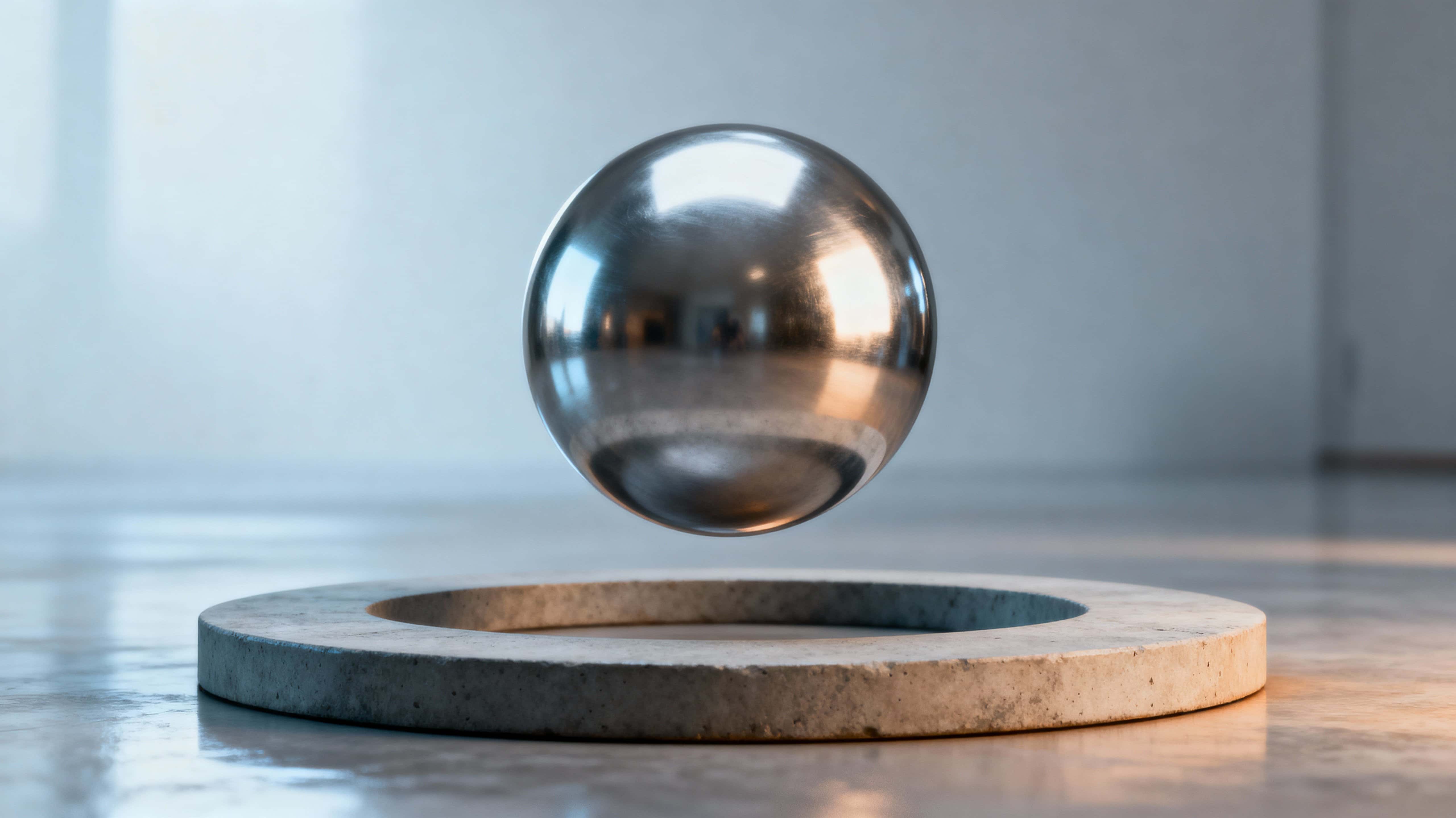A reflective metallic sphere levitates at the exact center of a 16:9 frame, lit to reveal form and subtle reflections while surrounding space remains minimal and carefully balanced.