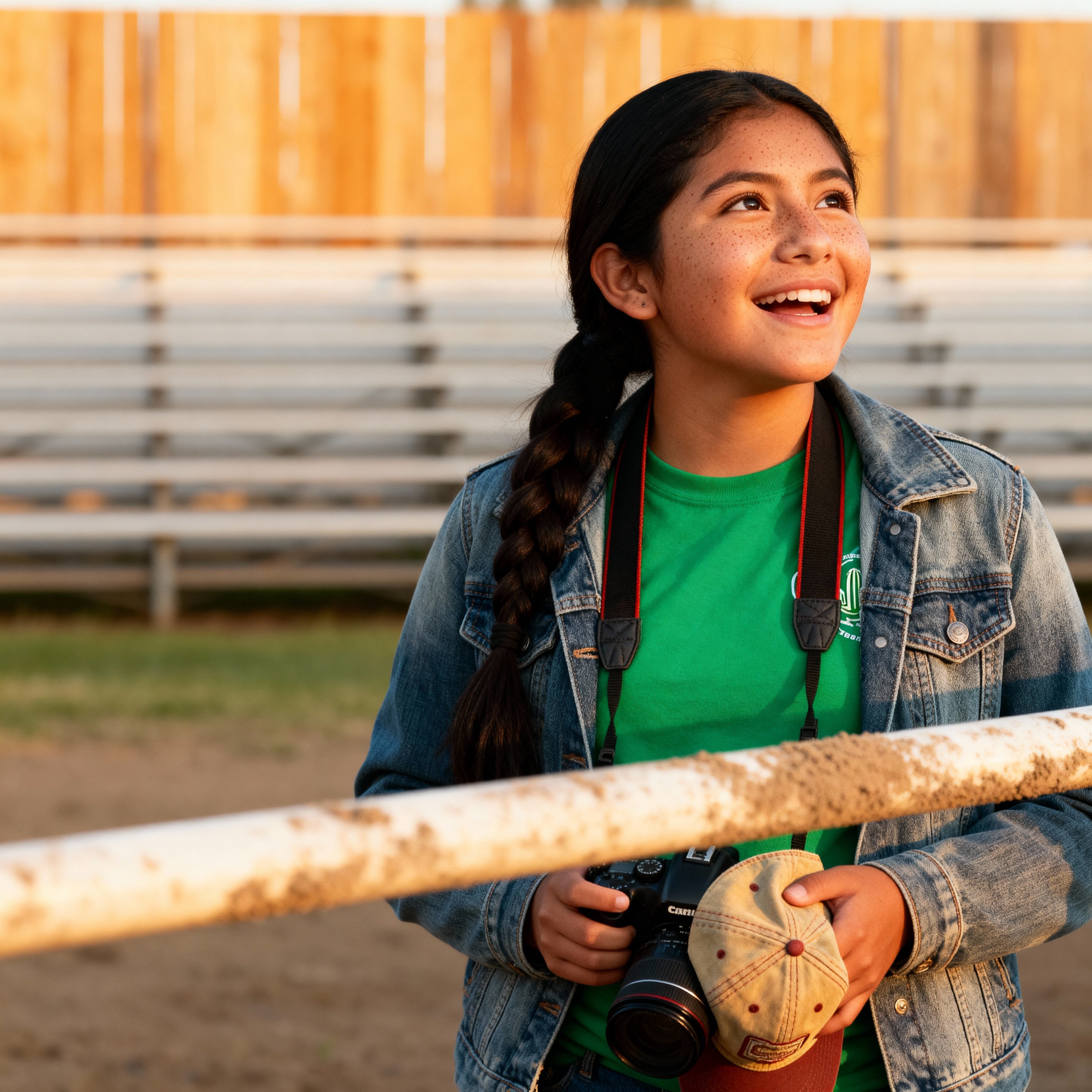 Half-body portrait of a 16-year-old Mexican American photo-club member at golden hour with warm-tan skin (#D9A66A) and freckles, faded denim jacket and cactus-green tee (#6B9A6B), sun-faded cord cap (#CDB79A) in hand, worn camera strap, and