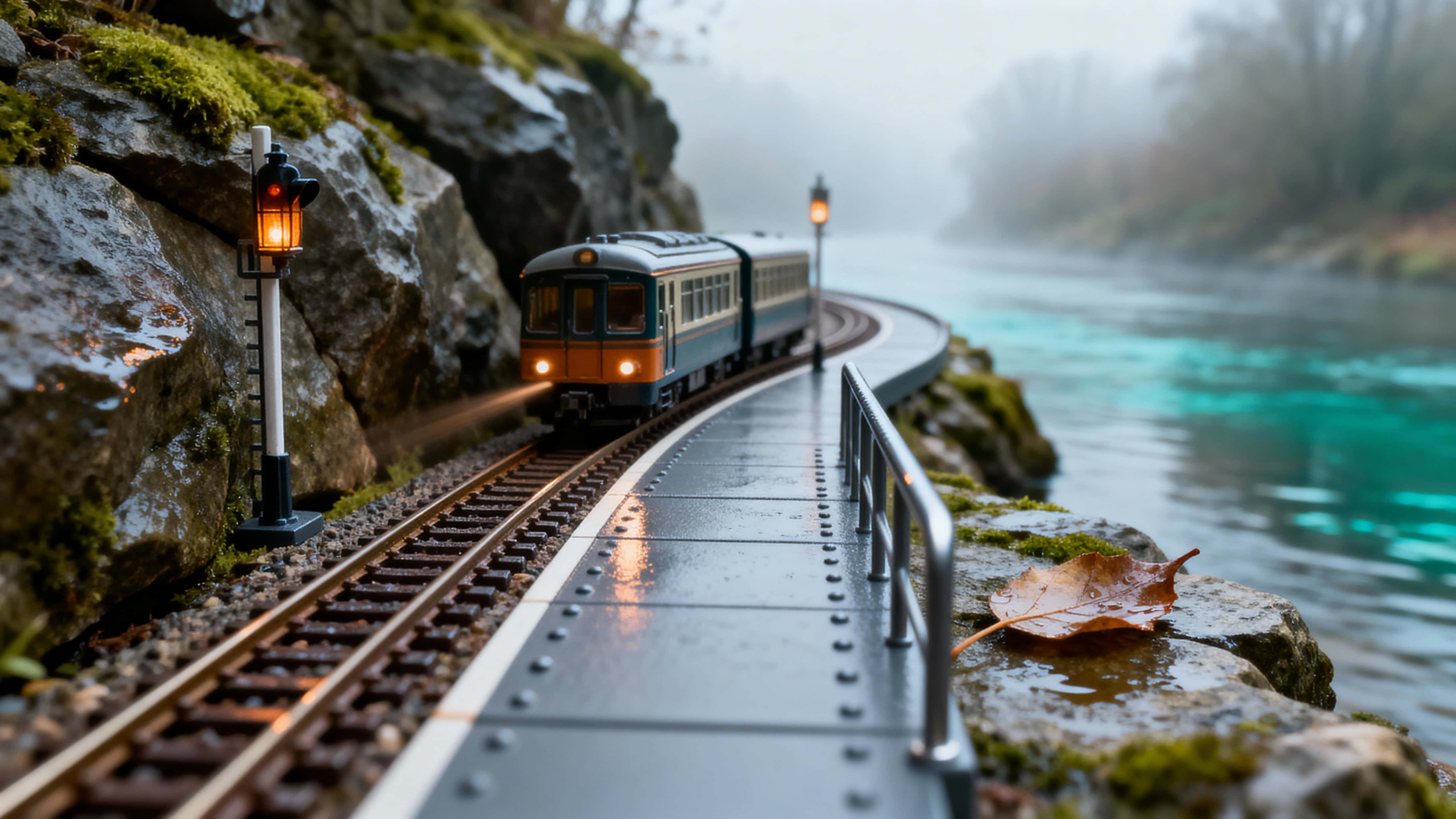 A tiny train approaches a micro platform built around a river rock, with glowing signals and moss behaving like grass, framed for a cinematic 16:9 crop with gentle, intimate light.