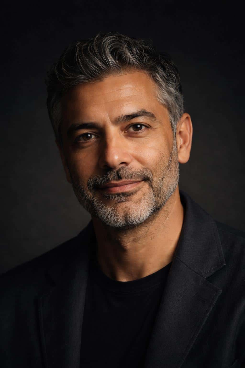 Cinematic 2:3 vertical close-up editorial studio portrait of a Middle Eastern man in his early 50s, collarbone-to-above-head crop, calm closed smile and realistic skin texture.