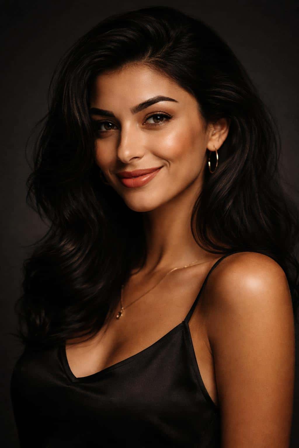 Vertical 2:3 editorial studio close-up of a Middle Eastern woman in her early 30s, tight upper-chest-to-above-head crop, playful grin and raised eyebrow, clean near-black backdrop.