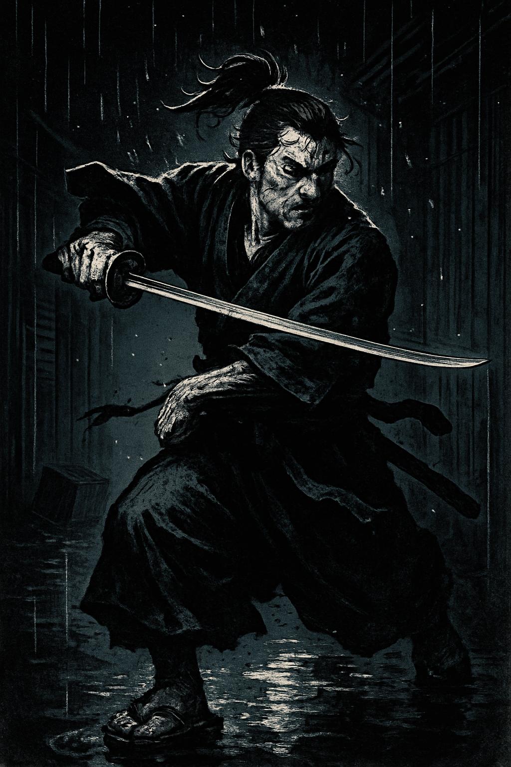 A rain-soaked samurai spins a katana in a narrow alley, ink-streaked and tense, captured in stark high-contrast strokes. Low backlight and falling rain heighten urgency as motion blurs the blade and urban puddles reflect fractured light.