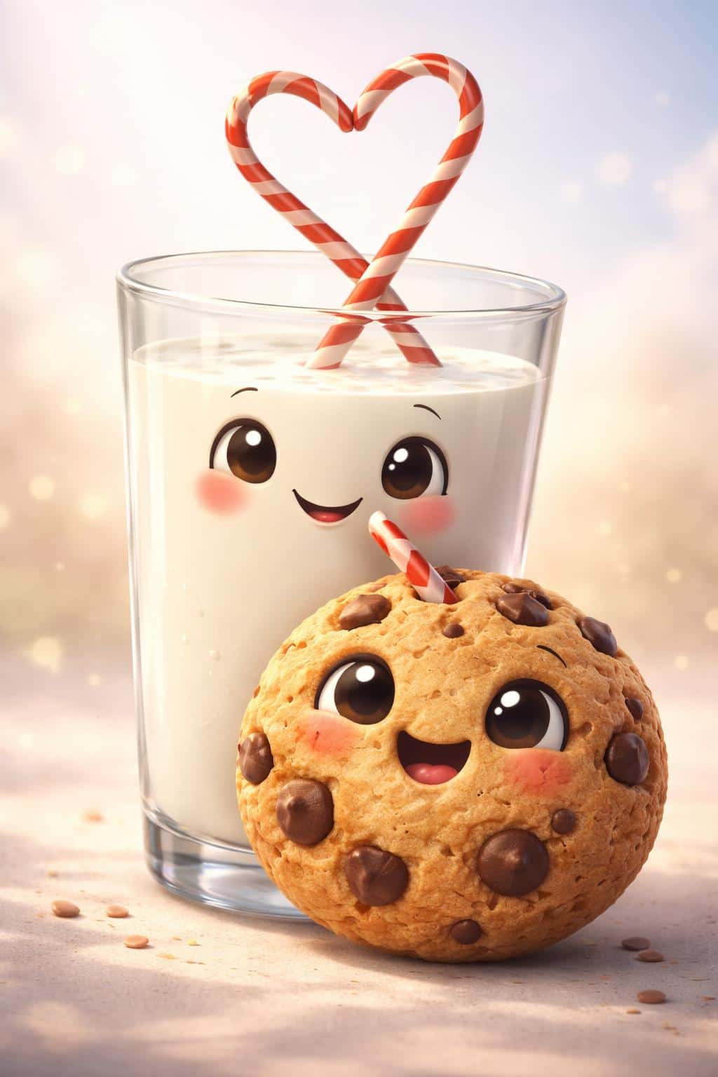 Cinematic 3D render of a milk-and-cookie pair in 2:3 portrait, with a smiling cookie and glass of milk sharing a heart-shaped red-and-white straw against a minimalist pastel gradient.