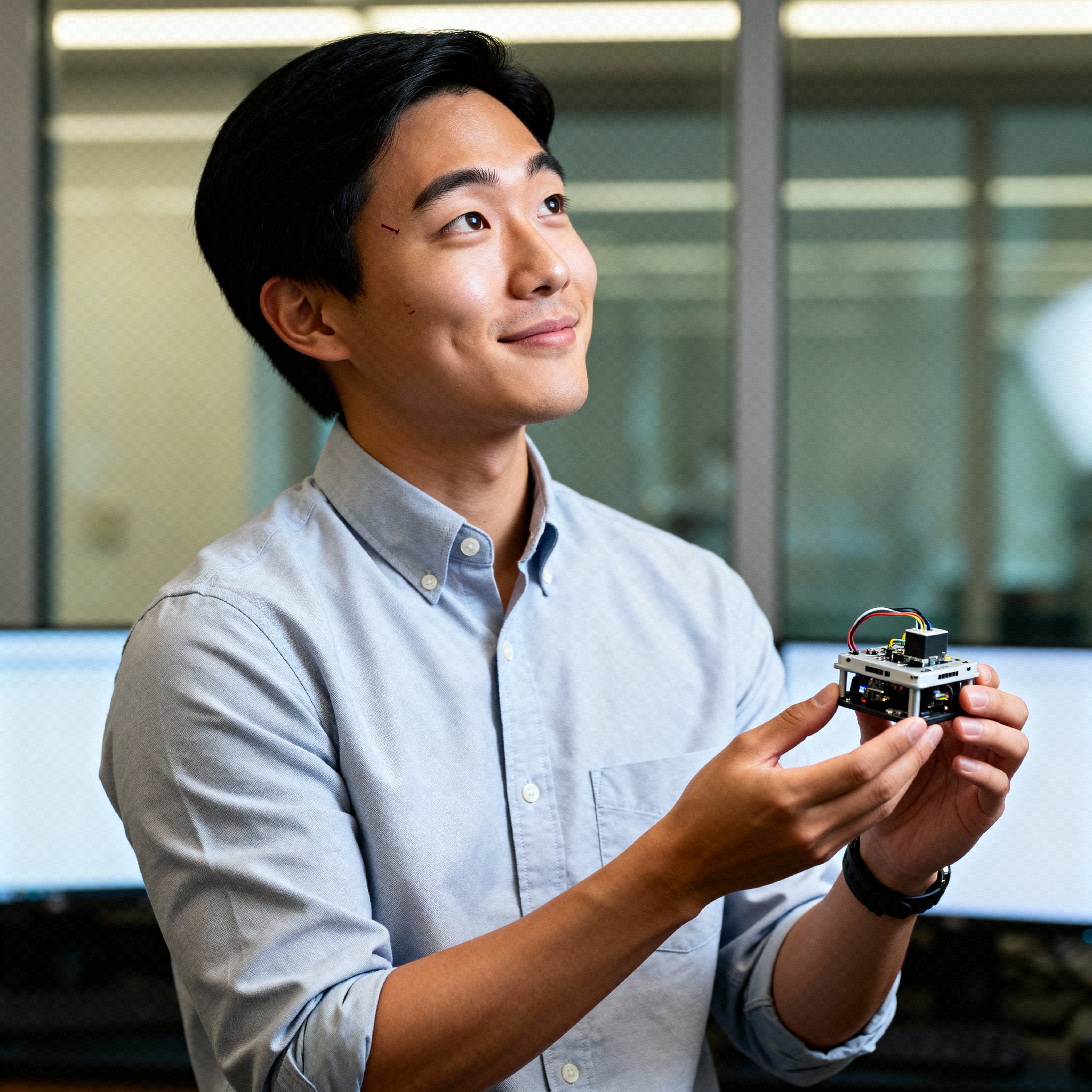 Headshot of Min Park, 29, Korean American robotics engineer in a crisp slate-blue shirt with rolled sleeves, thoughtful half-smile over a palm-sized prototype, glass lab wall and blurred monitors (skin #D9B69A, shirt #6B88A8, background #E6