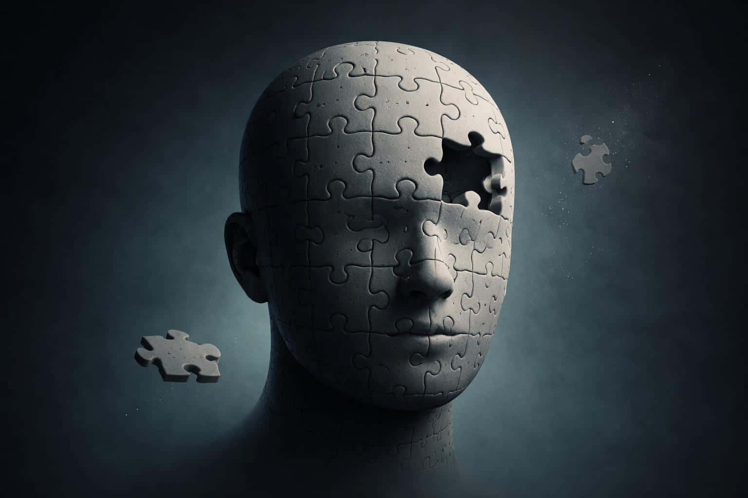A conceptual digital painting of a human head made from interlocking puzzle pieces with one piece missing, created as a poster-cover with moody lighting and subtle textures.