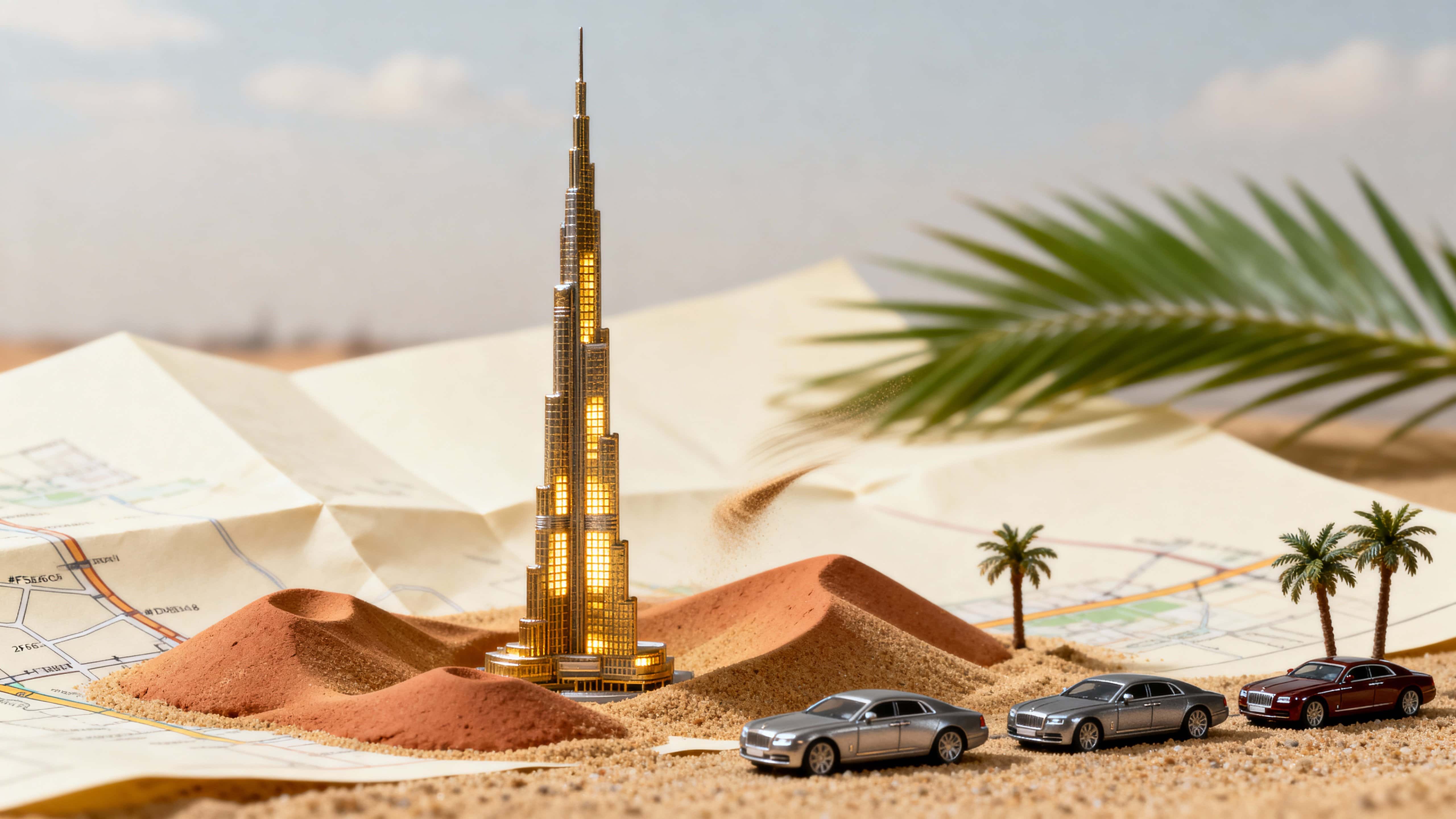 A tiny Burj Khalifa rises from a printed map with glowing windows, surrounded by miniature sand dunes, small palm trees, and parked luxury cars in a warm, cinematic scene.