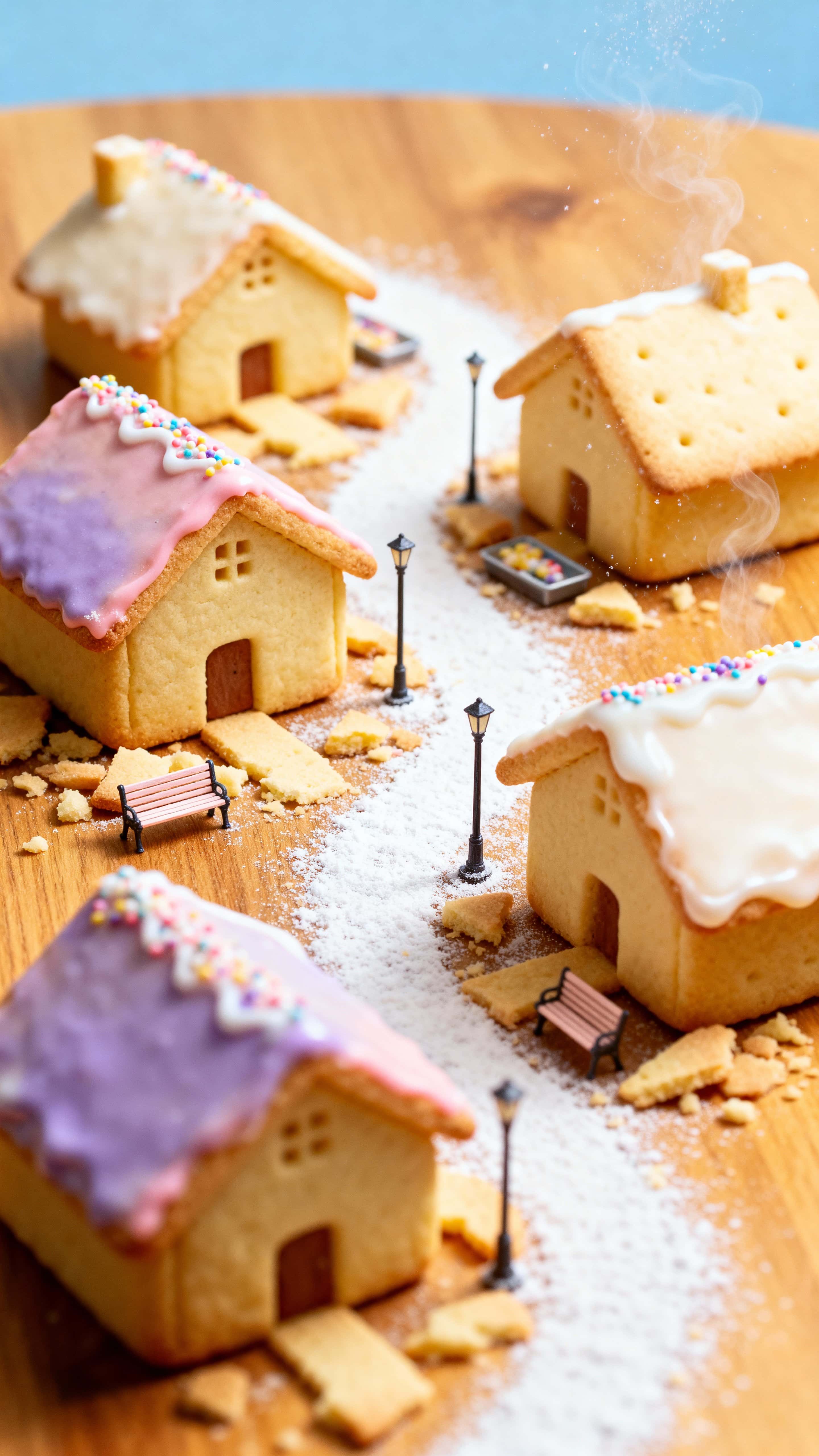A portrait-oriented scene of mini cookies arranged as a tiny town on a wooden surface, lit with warm, gentle light and styled for whimsical, edible detail and depth.