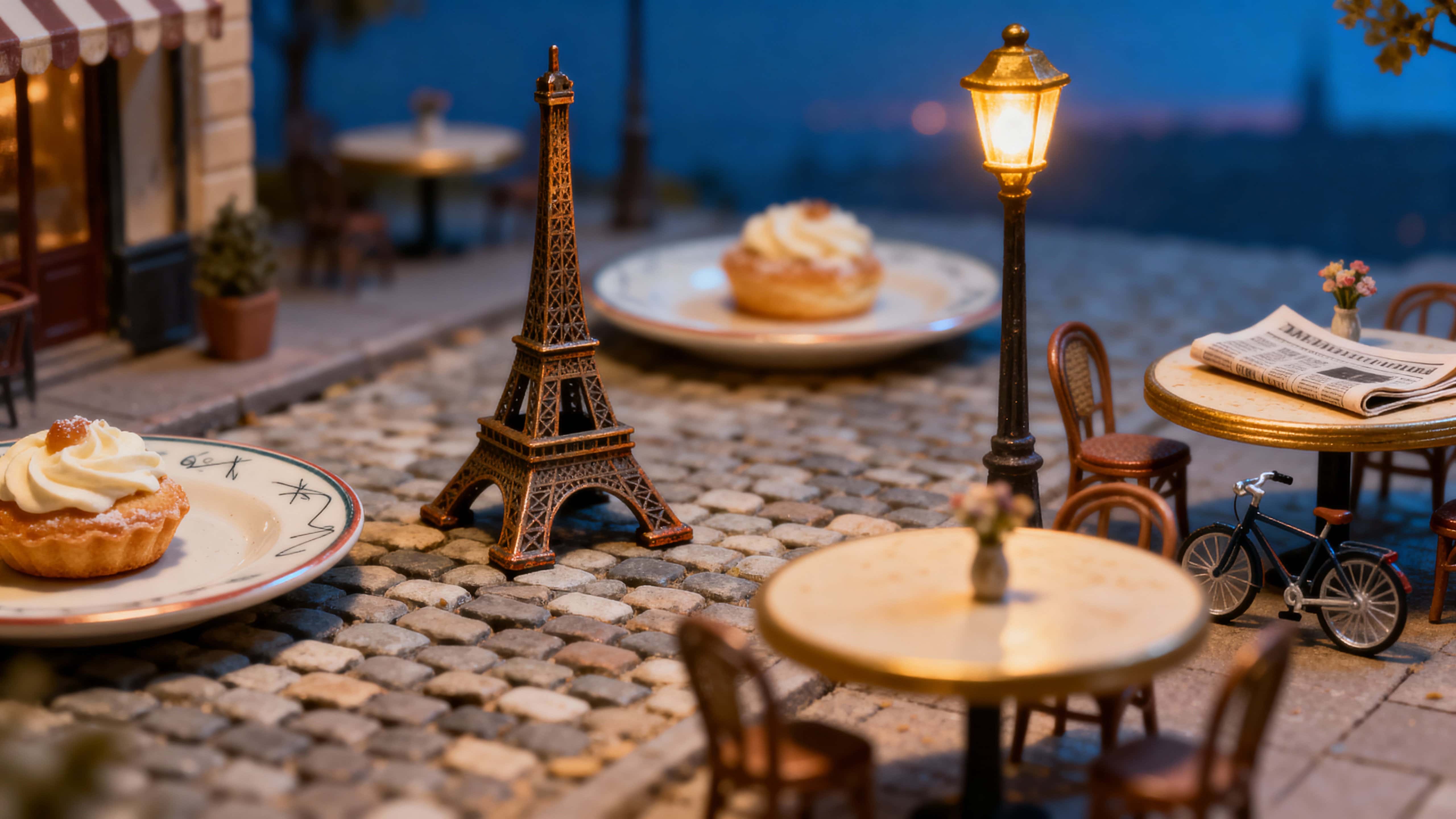 A miniature Eiffel Tower rises from a cobbled micro street ringed with tiny café tables, warm golden lamps, pastries on plates, and scattered flowers, evoking cozy twilight charm.