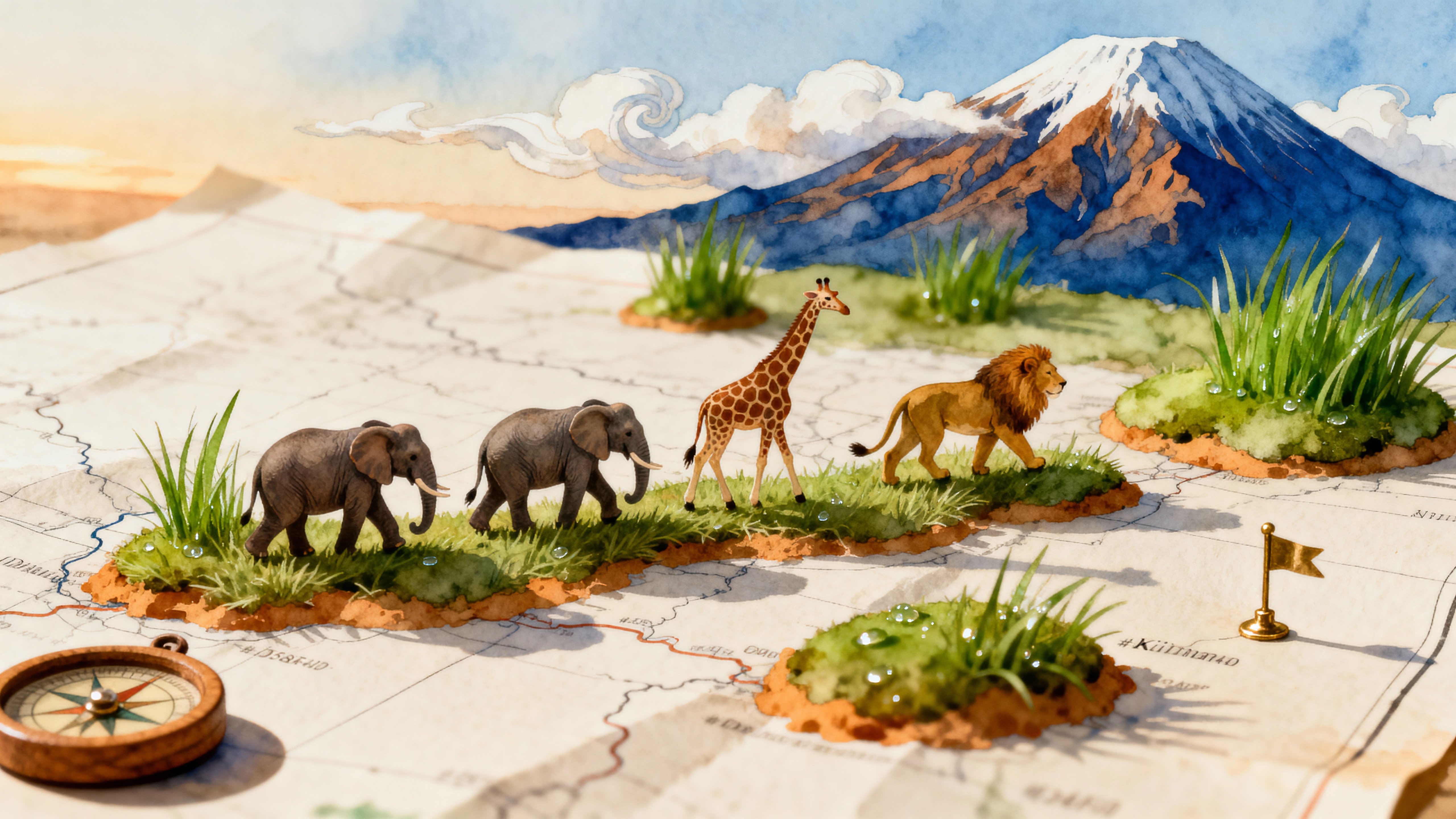 Tiny elephants, giraffes, and lions stroll over grassy islets that rise from a paper map while Mount Kilimanjaro anchors the corner with swirling cloud veils for a whimsical cartographic scene.