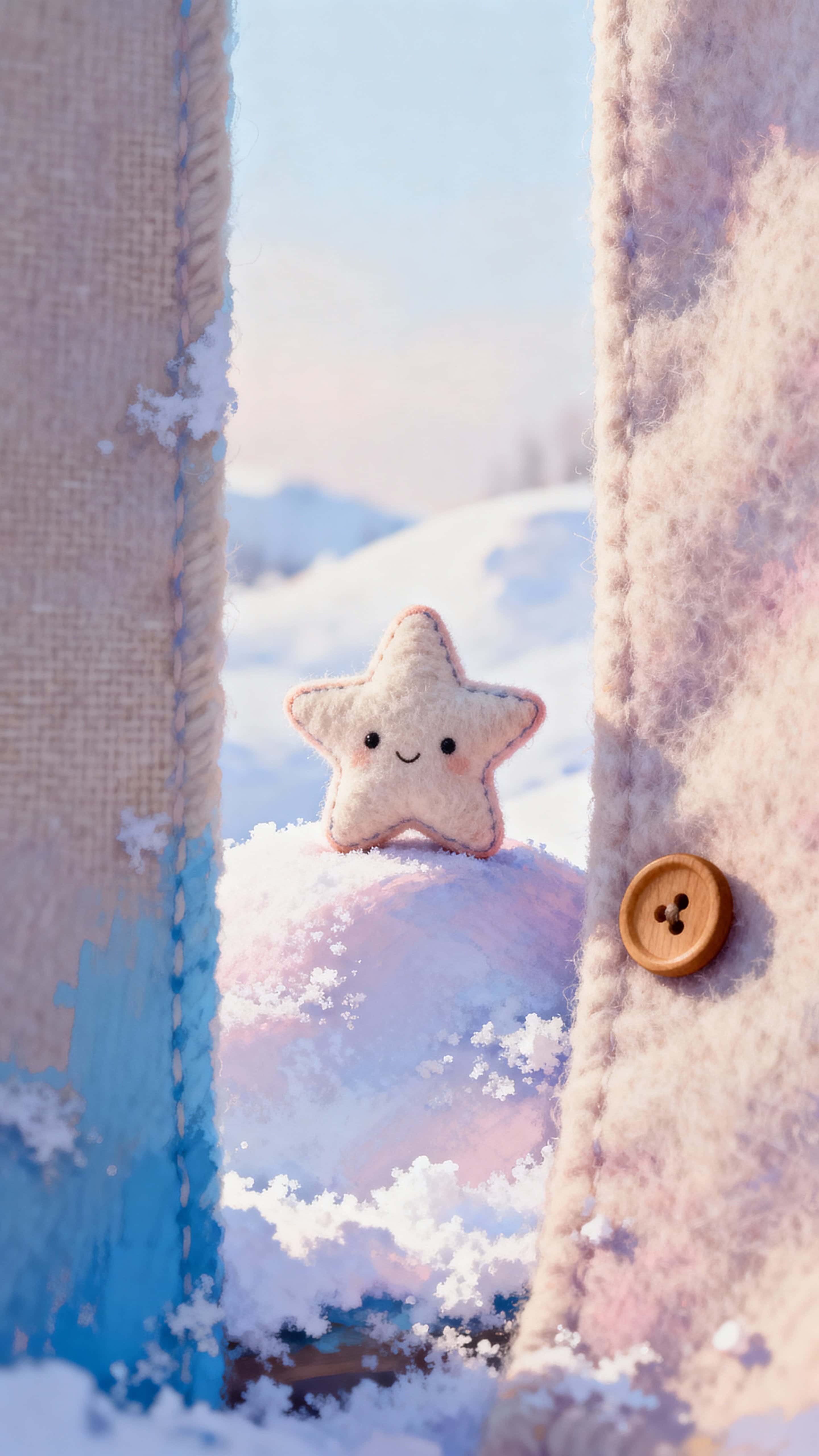 A tiny plush star rests on gently undulating pastel snow in a tall 9:16 frame, evoking quiet wonder with soft light, delicate texture, and a serene, cozy mood.