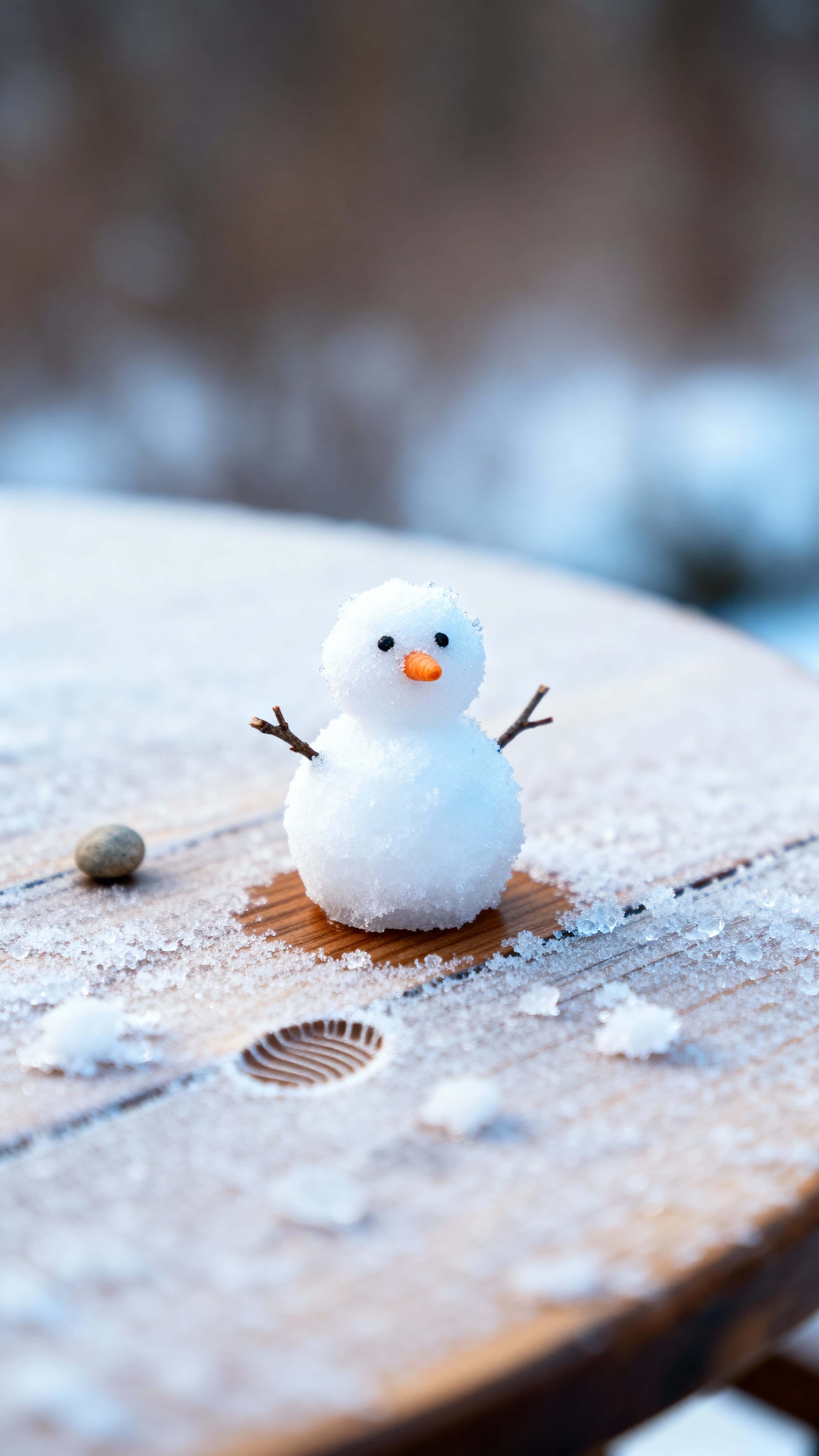 A tiny snowman barely 2 cm tall sits on a chilled, frosted tabletop under gentle cool light, captured upright within a narrow vertical frame to emphasize scale and intimacy.