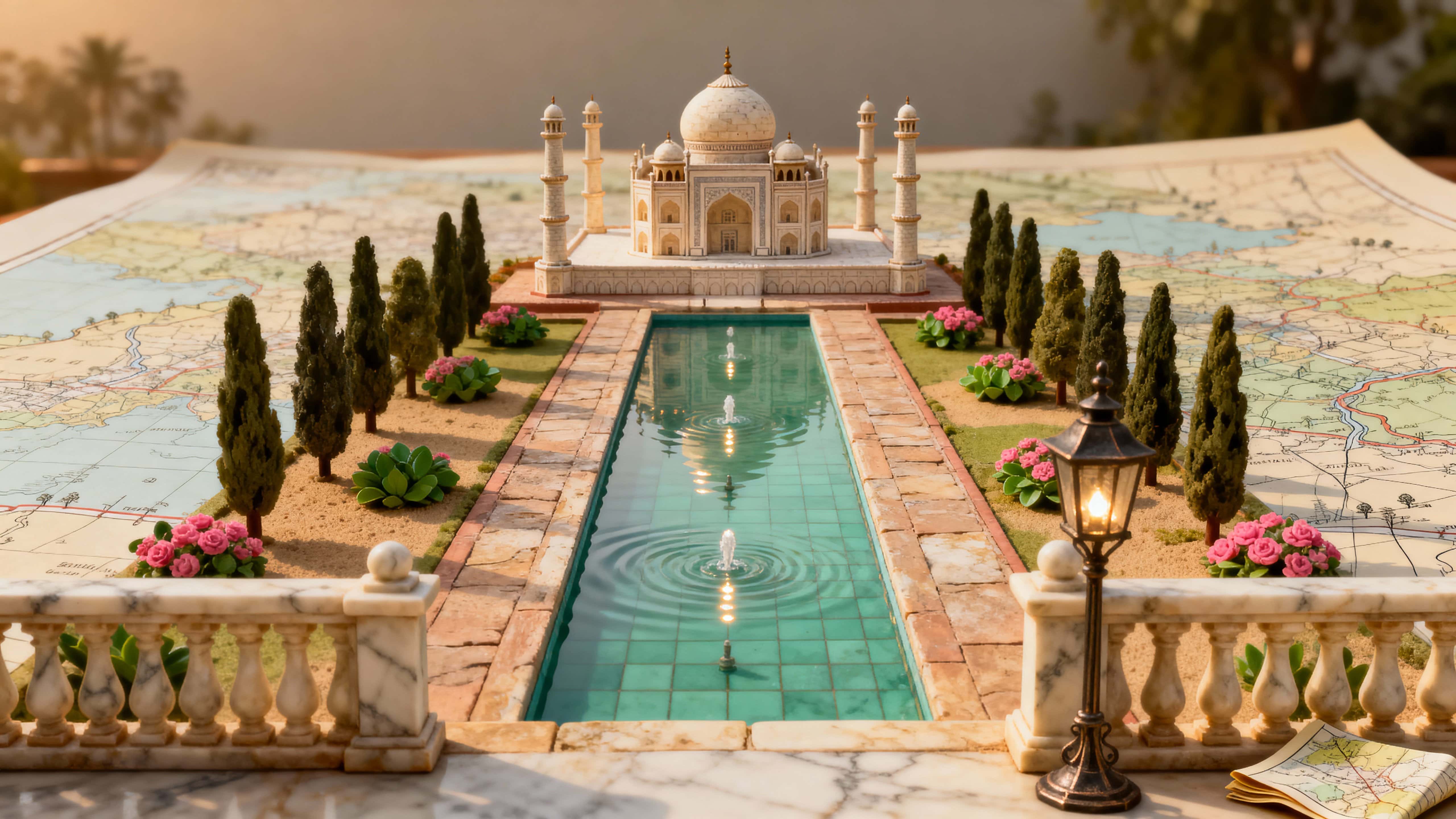 A perfect miniature Taj Mahal rises from a detailed map with a long reflecting pool, small fountains, trees, and colorful flower beds that frame the scene with serene symmetry.