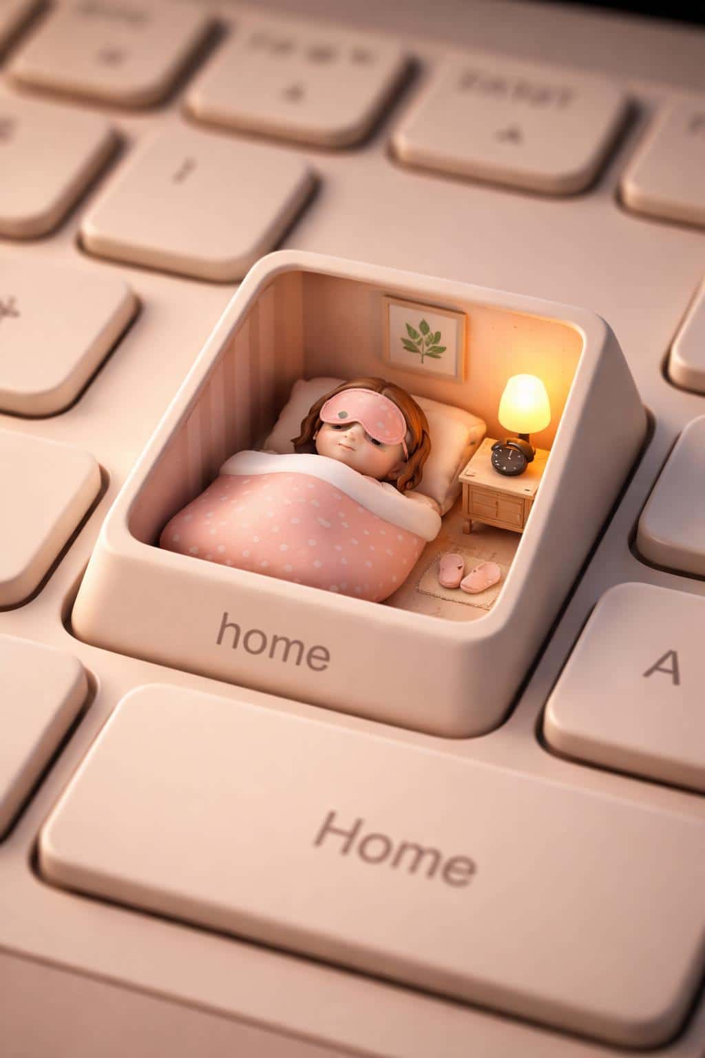 A whimsical 3D render of a cozy miniature bedroom built into a computer key featuring a sleeping girl character, designed as a playful digital wallpaper.