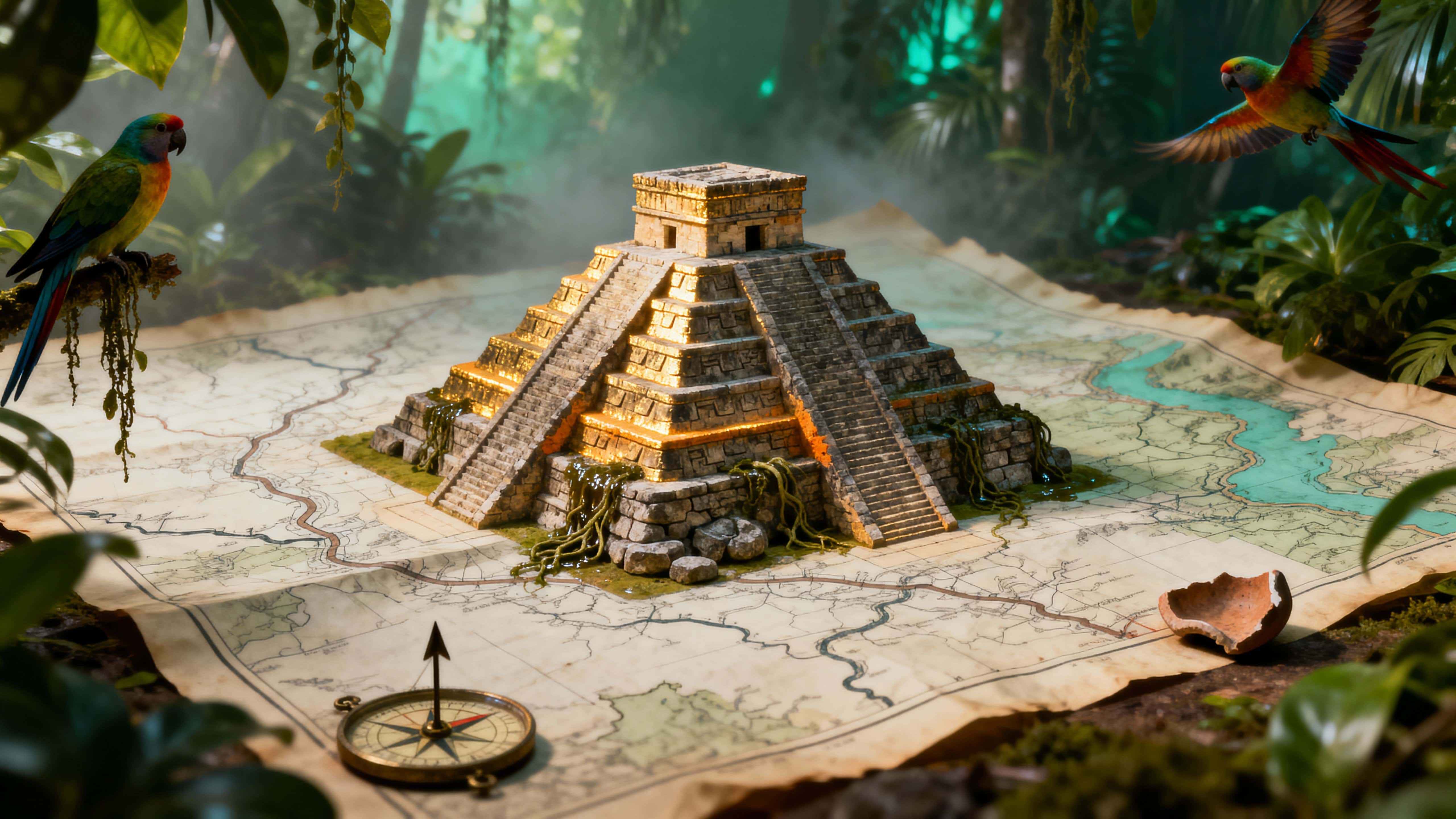 A small Chichen Itza pyramid rises from an aged map inside a 16:9 frame, encircled by dense jungle foliage, hanging vines, and bright tropical birds, with warm golden highlights and cool green shadows.