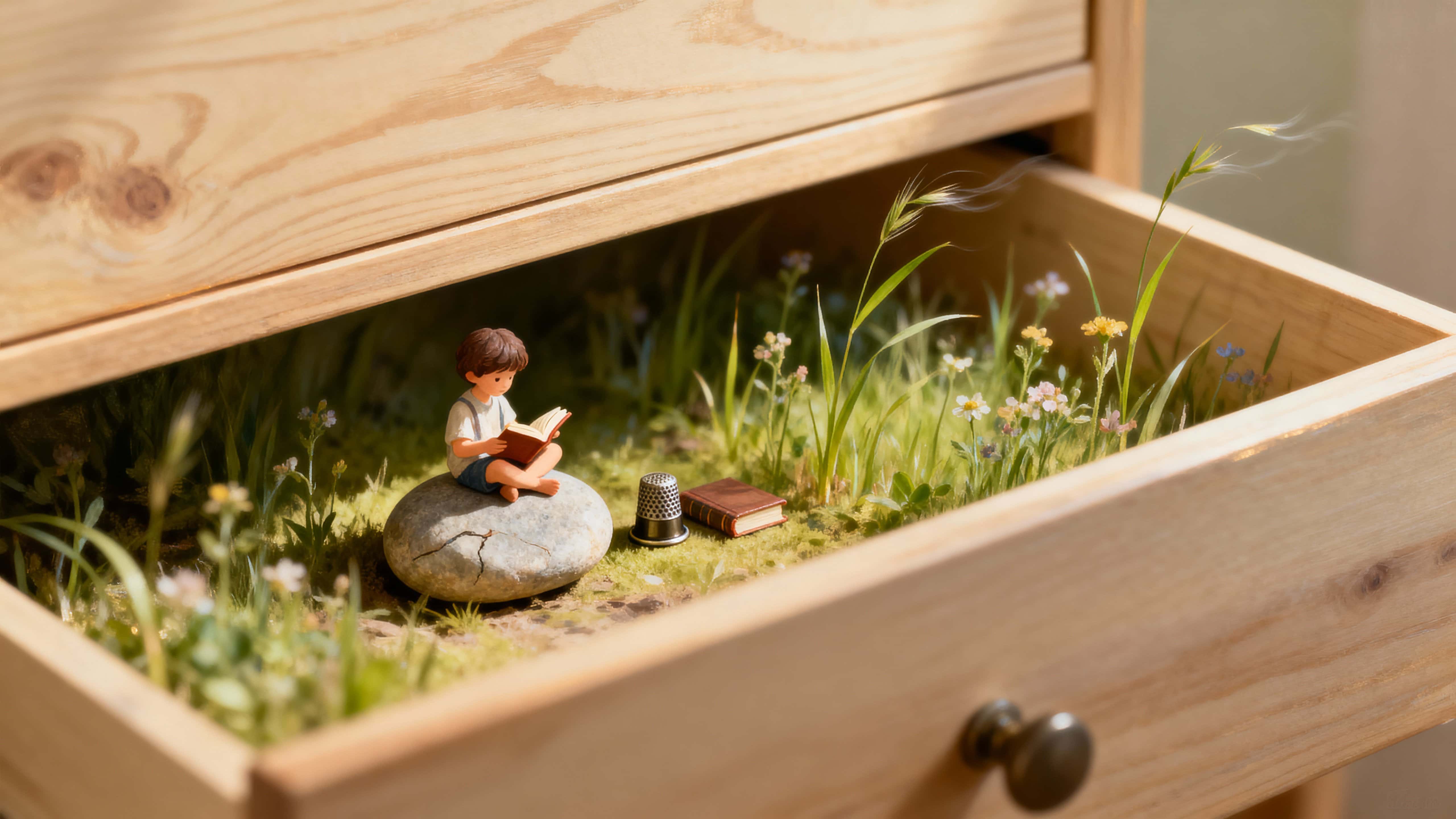 A shallow wooden drawer pulled open reveals a tiny meadow of soft grass and tiny flowers where a miniature child sits on a smooth pebble, reading quietly in warm light.