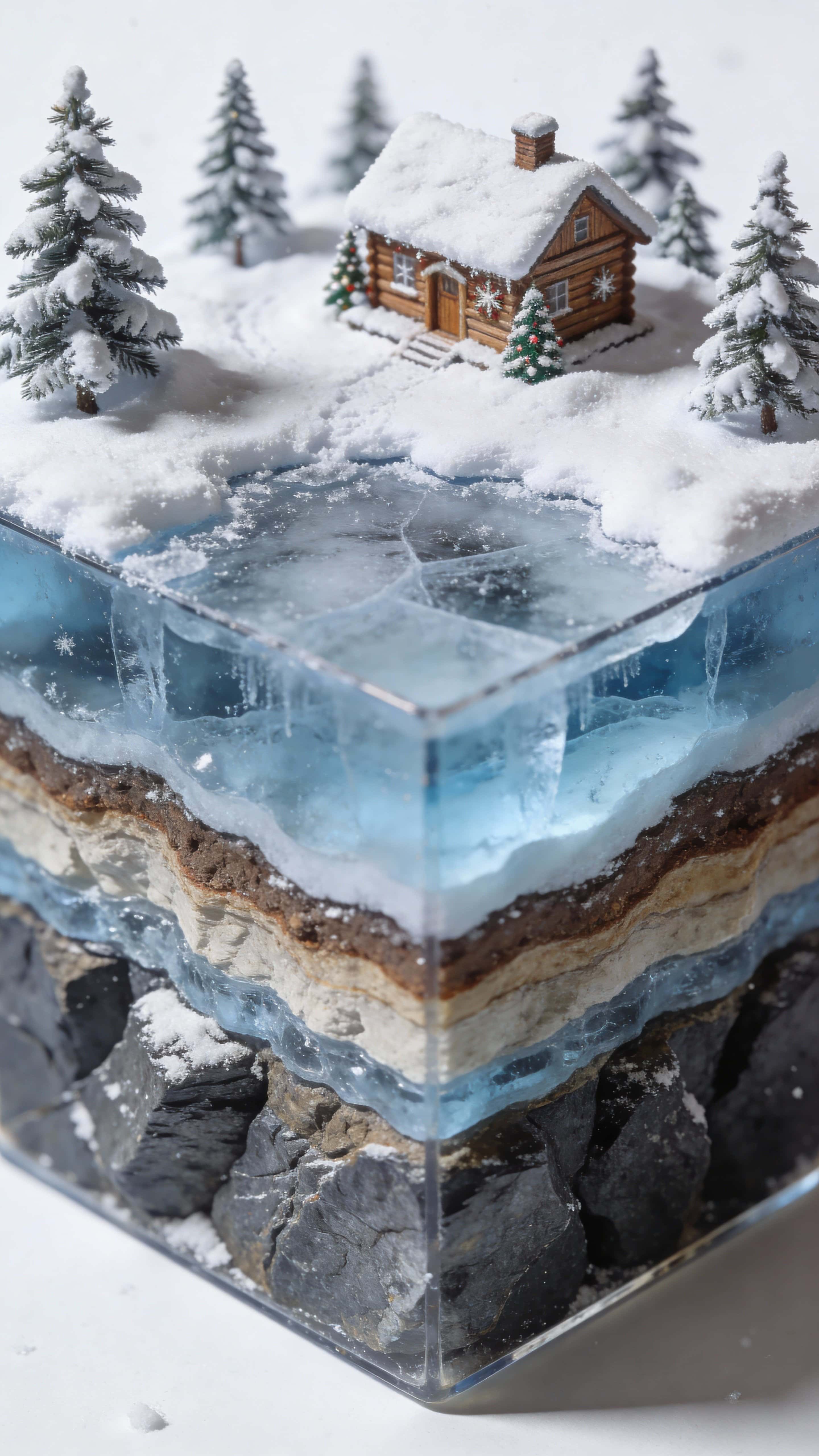 A hyper-realistic 3D macro winter diorama cube with a small wooden Christmas cabin on snow, cutaway icy layers revealing detailed geological rock textures, framed vertically 9:16.