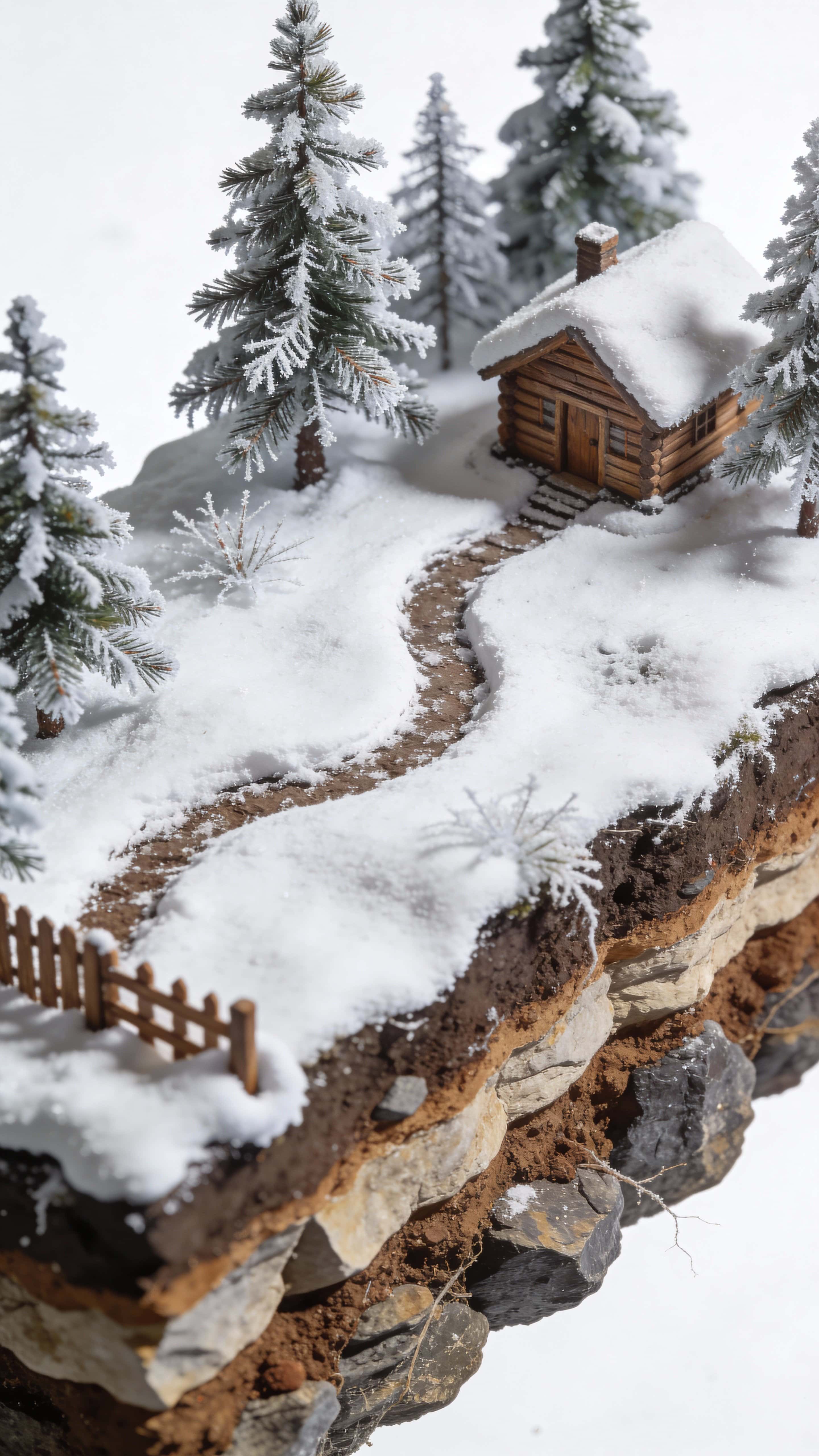 A vertical 9:16 portrait of a floating miniature Christmas terrain block featuring a winding snowy path to a small wooden cabin, frost-covered pine trees, a partly buried fence and detailed cutaway soil and rock layers exposed beneath the雪.