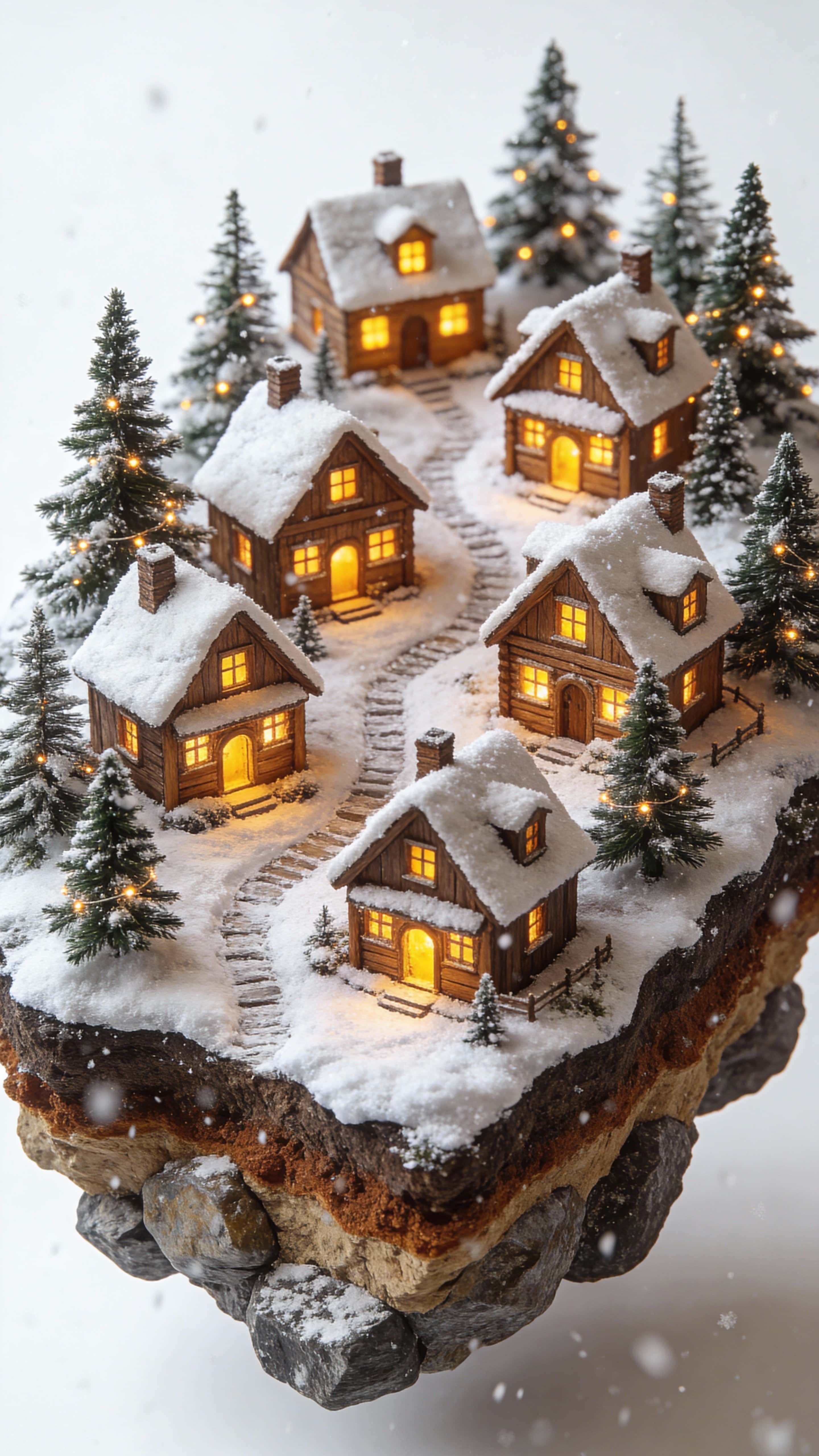 A 3D ultra-realistic miniature Christmas village on a floating terrain slice featuring snow-covered wooden houses, decorated pine trees, glowing yellow windows, snowy paths, and a visible rock-and-soil cutaway.