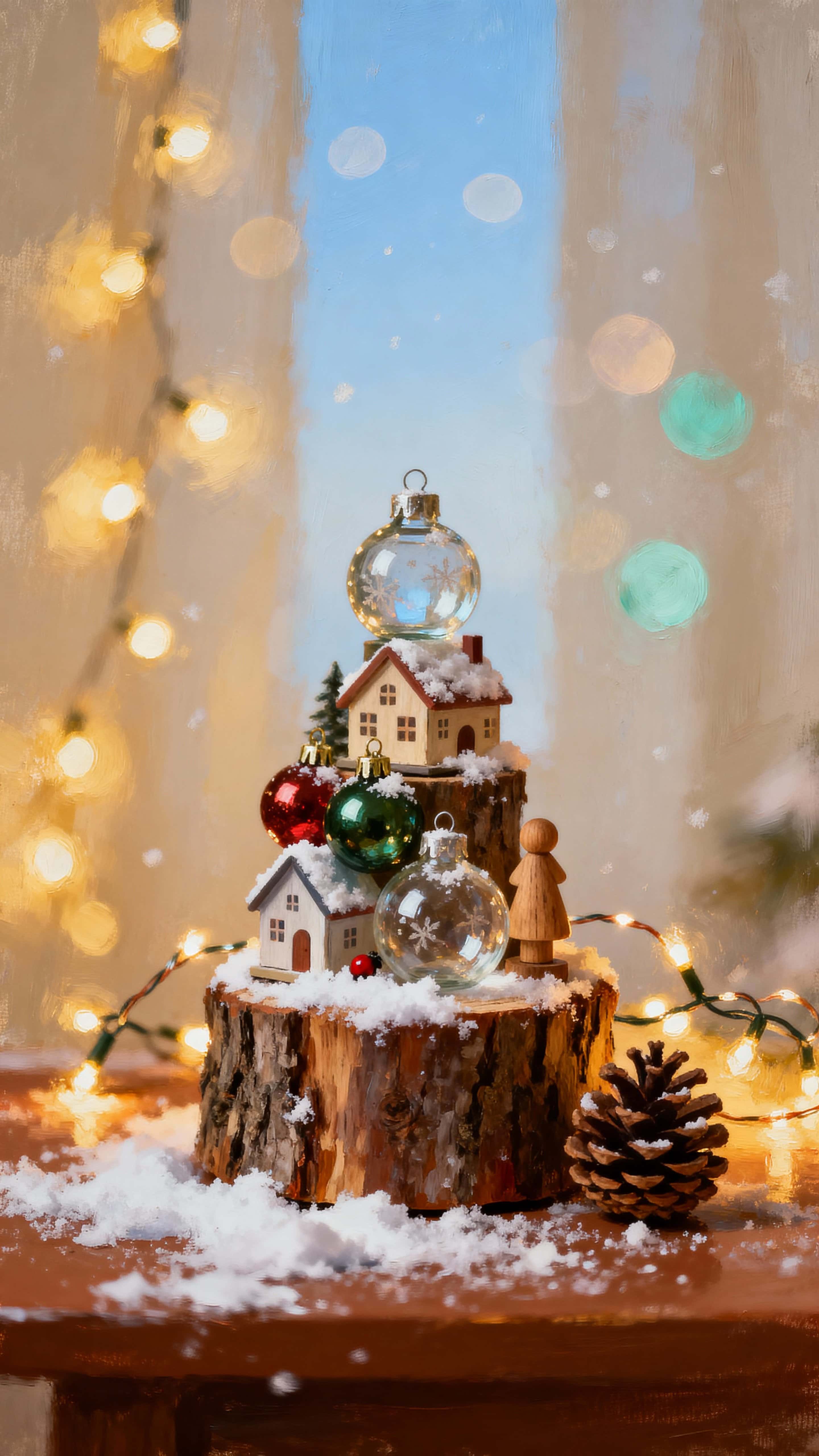 A cozy vertical vignette of small Christmas ornaments arranged like a village on a tabletop, lit by warm golden highlights and framed for a 9:16 portrait crop with intimate depth.