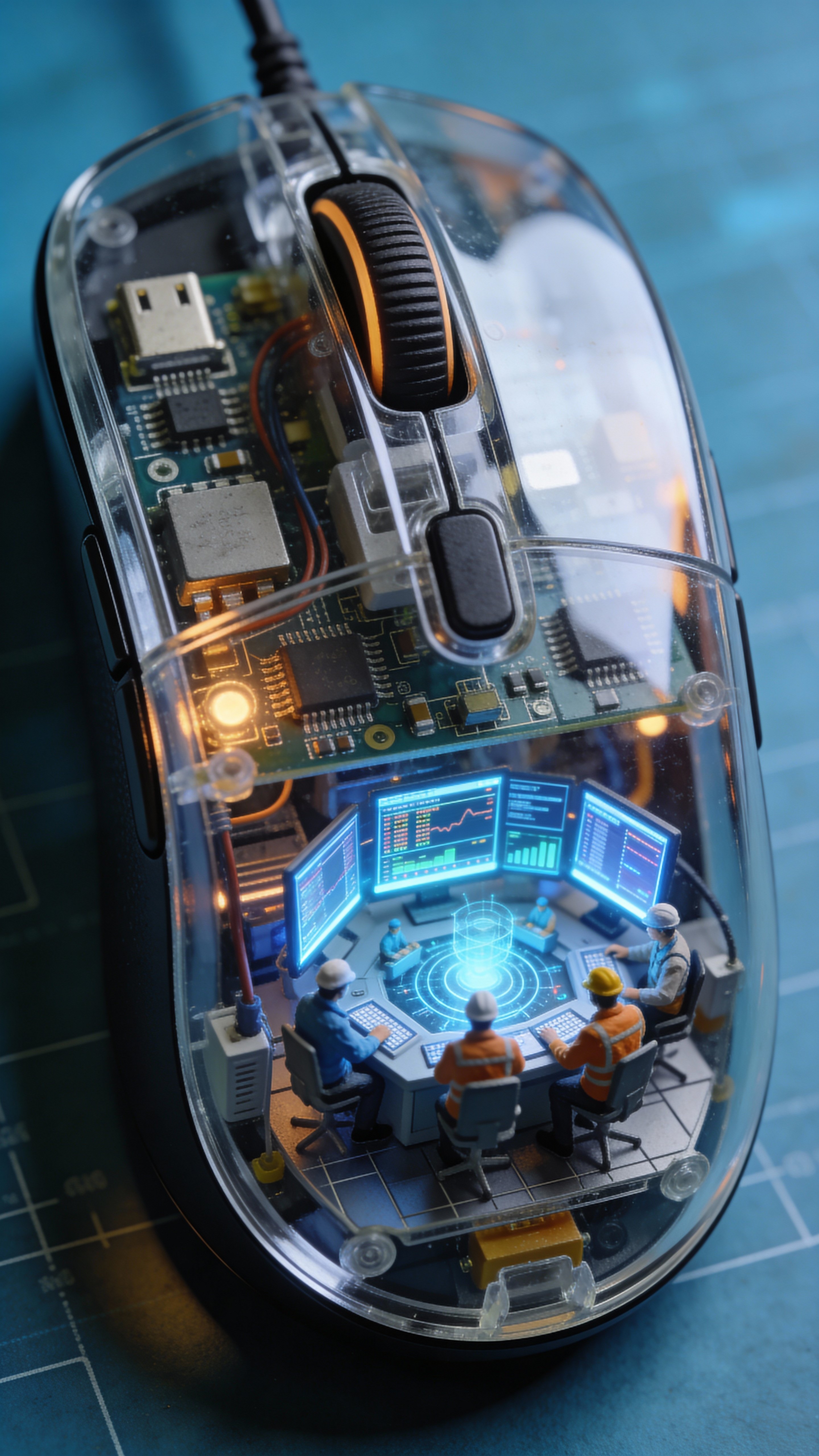 Inside a transparent computer mouse, a macro miniature world depicts tiny engineers running a high-tech command center with glowing UI screens, soft blue ambient light, and realistic reflections.