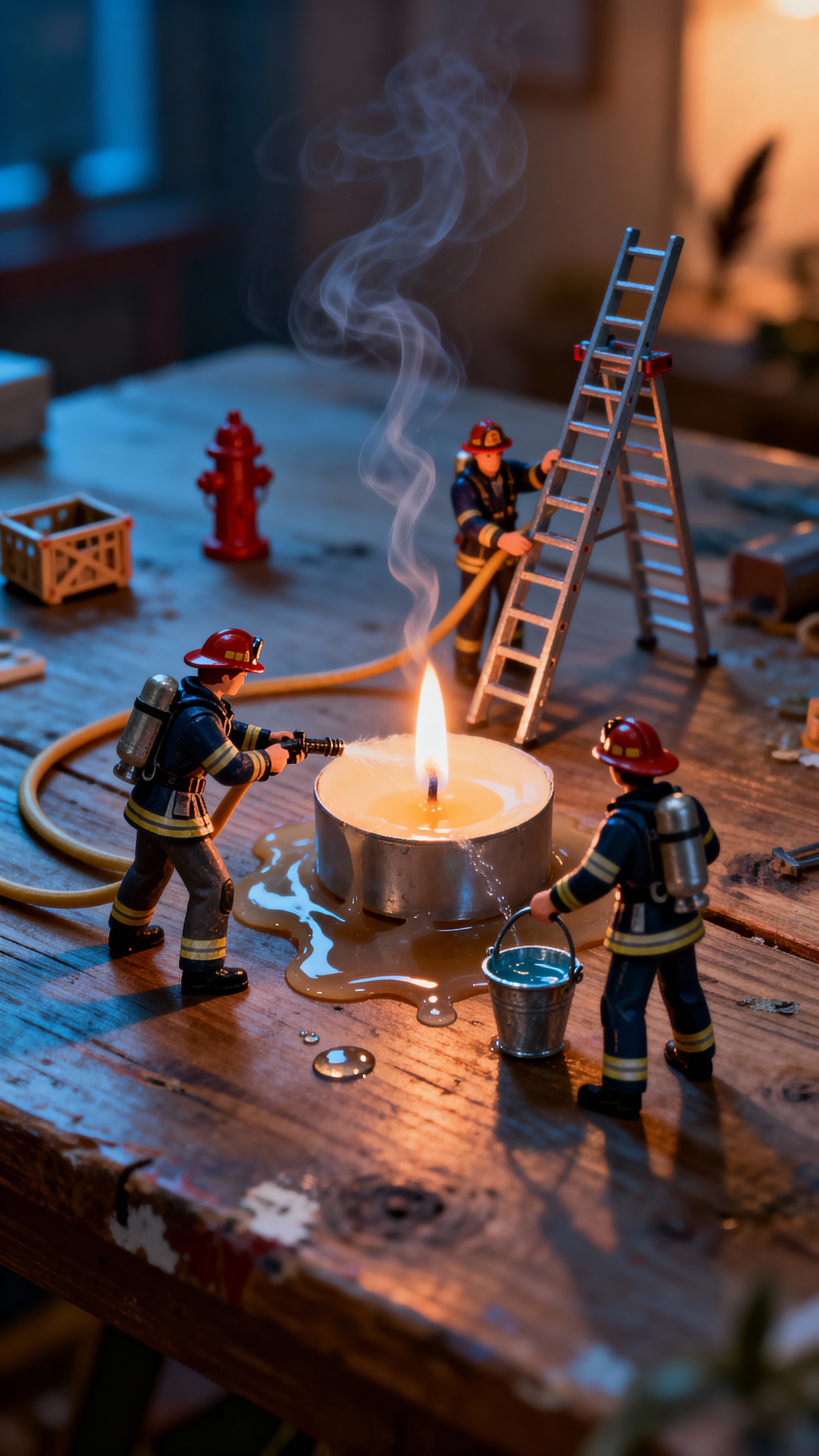 A realistic close-up of a miniature toy firefighting crew battling a burning candle on a tabletop diorama with tactile detail and shallow depth of field for use as a wallpaper or poster.