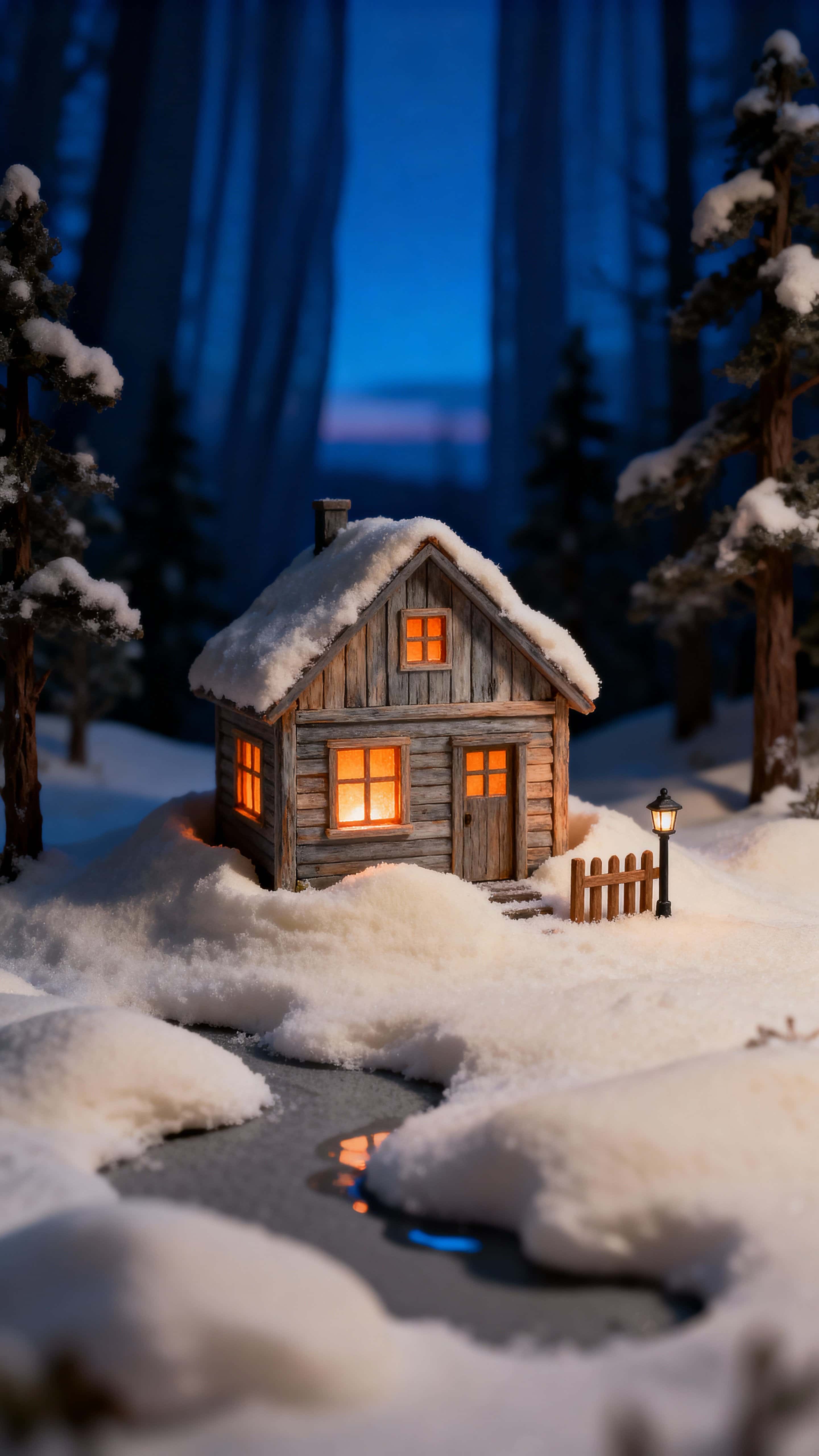 A tiny timber house with warm, glowing windows sits buried in soft ivory snow beneath a deep blue winter sky, framed as a tall portrait to feel intimate and secluded.