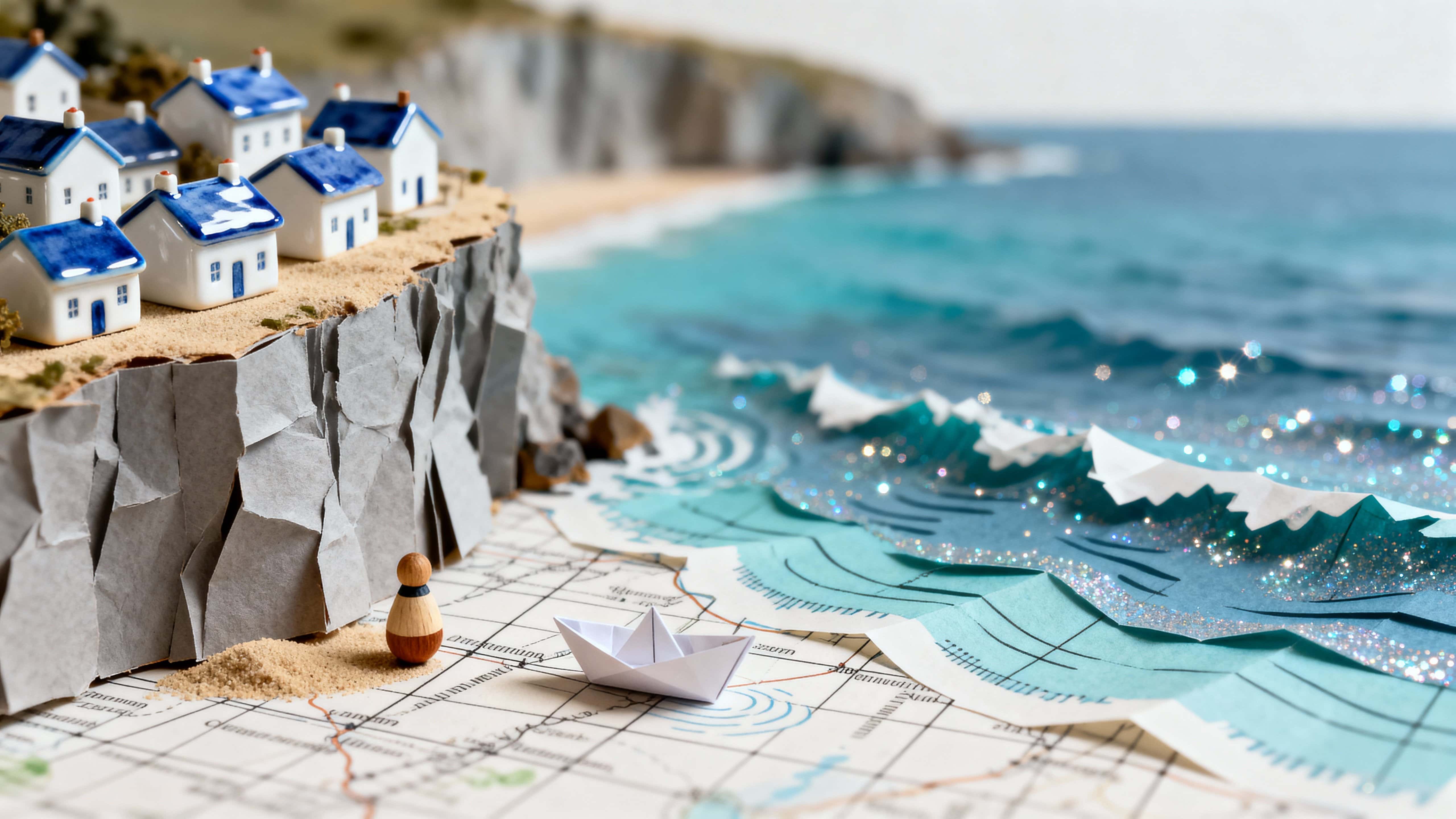 Tiny white-and-blue houses perch on a miniature cliff that rises from a printed map, overlooking a sparkling printed sea with soft paper textures and subtle coastal light.