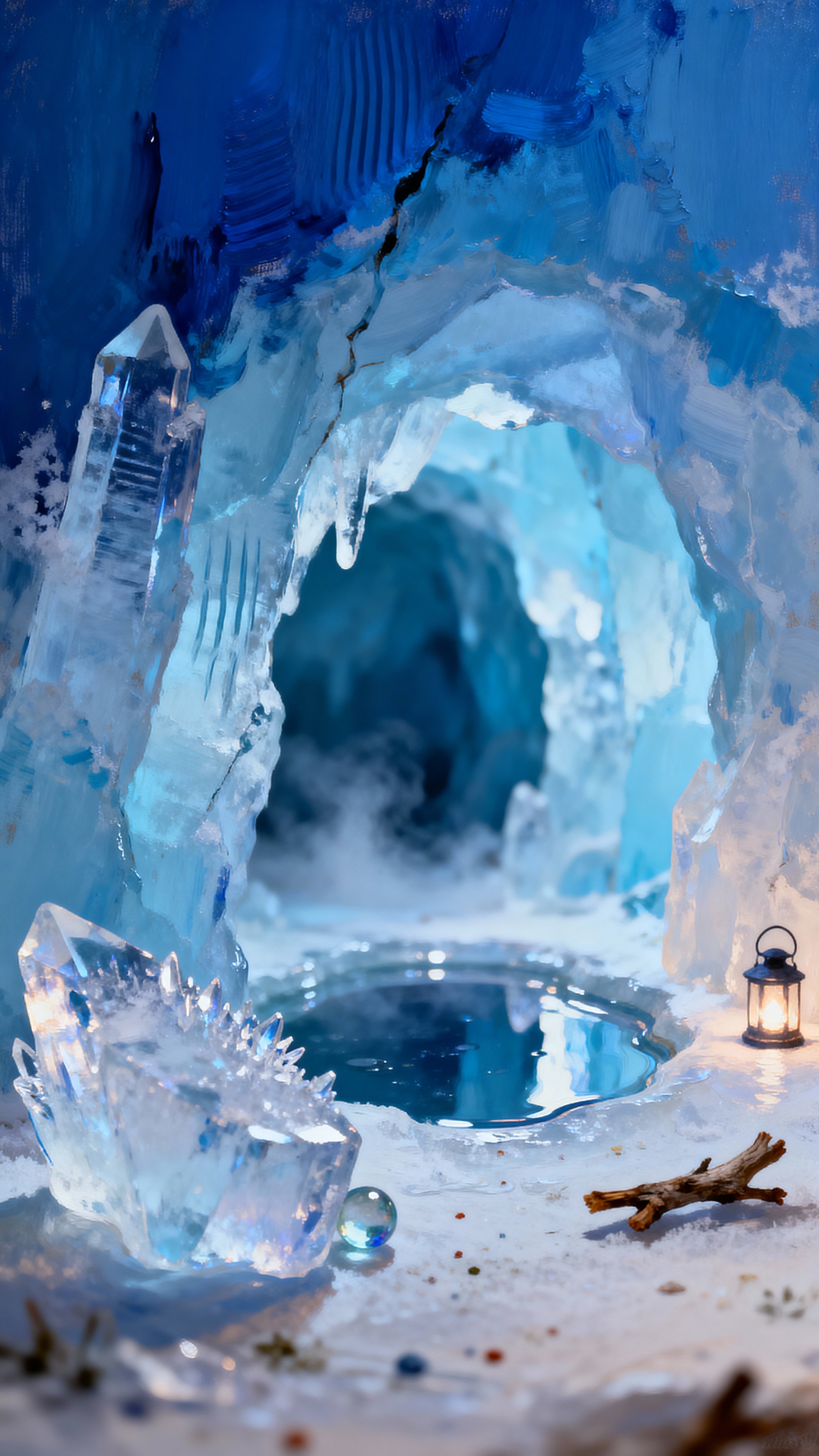 A vertical miniature ice cave bathed in glowing blue light with crystalline textures, soft mist, and reflective pools, composed tightly and cropped to a 9:16 vertical frame to emphasize scale and intimacy.