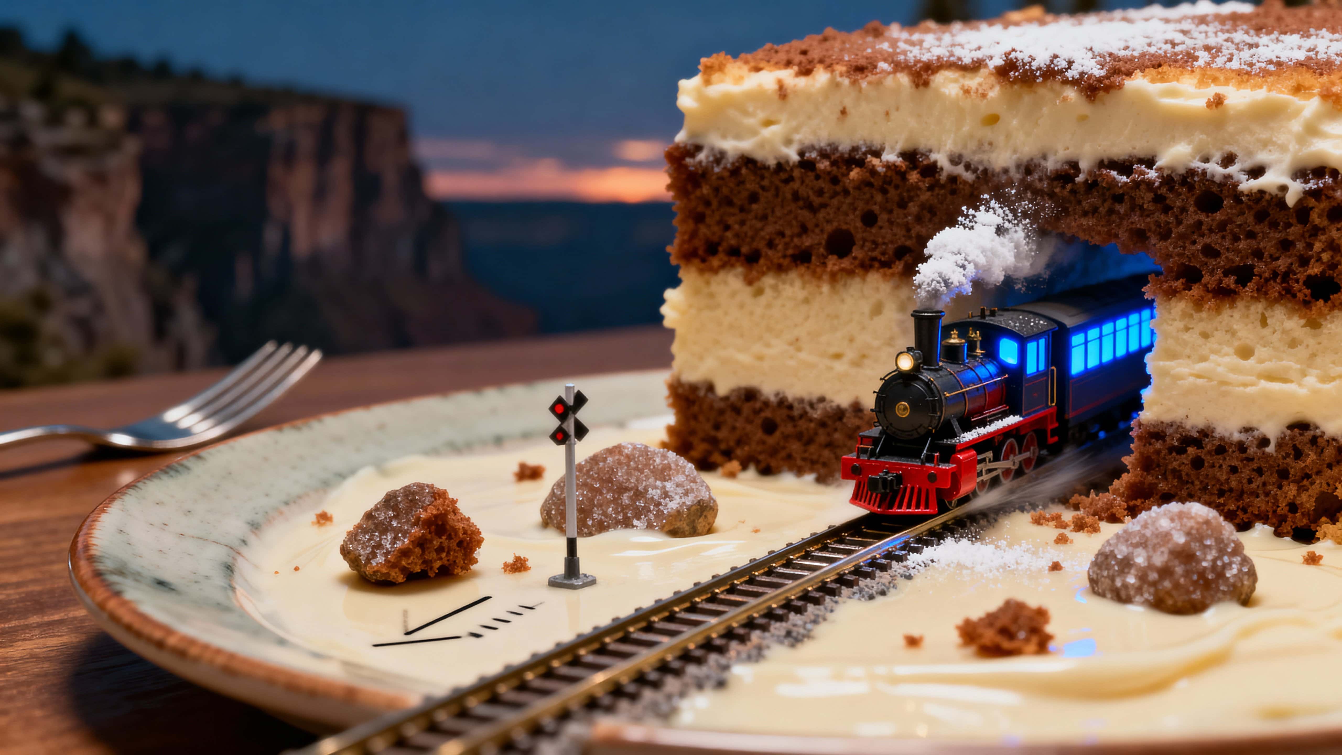 A hyperreal miniature locomotive with glowing windows cuts a railway canyon through a layered slice of cake on a plate, with crumbs like boulders and warm dessert light suggesting wonder and scale.