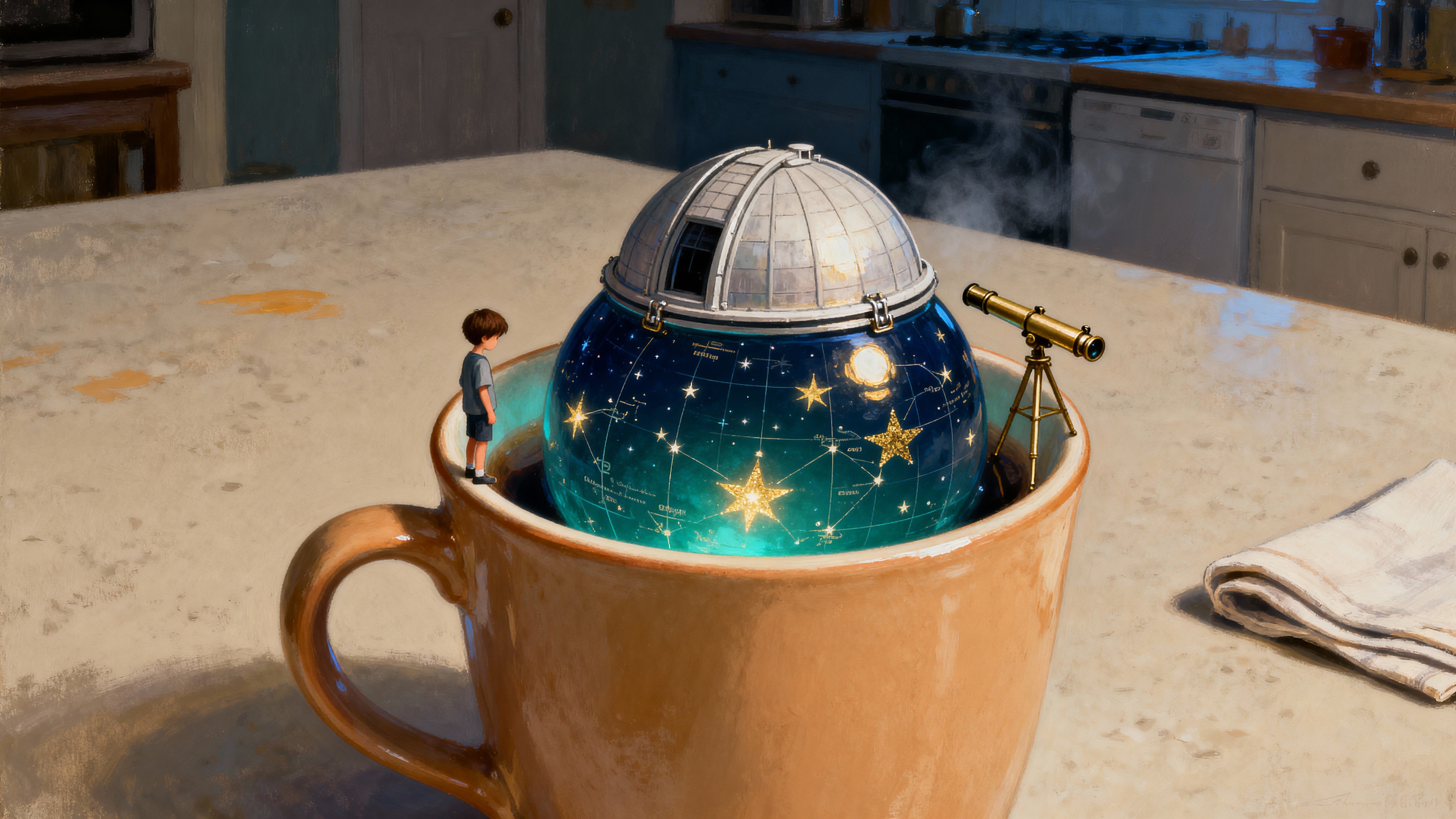 A warm ceramic mug holds a tiny observatory dome instead of liquid, with a small child standing on the rim and gazing down at a softly glowing star map beneath a calm, intimate atmosphere.
