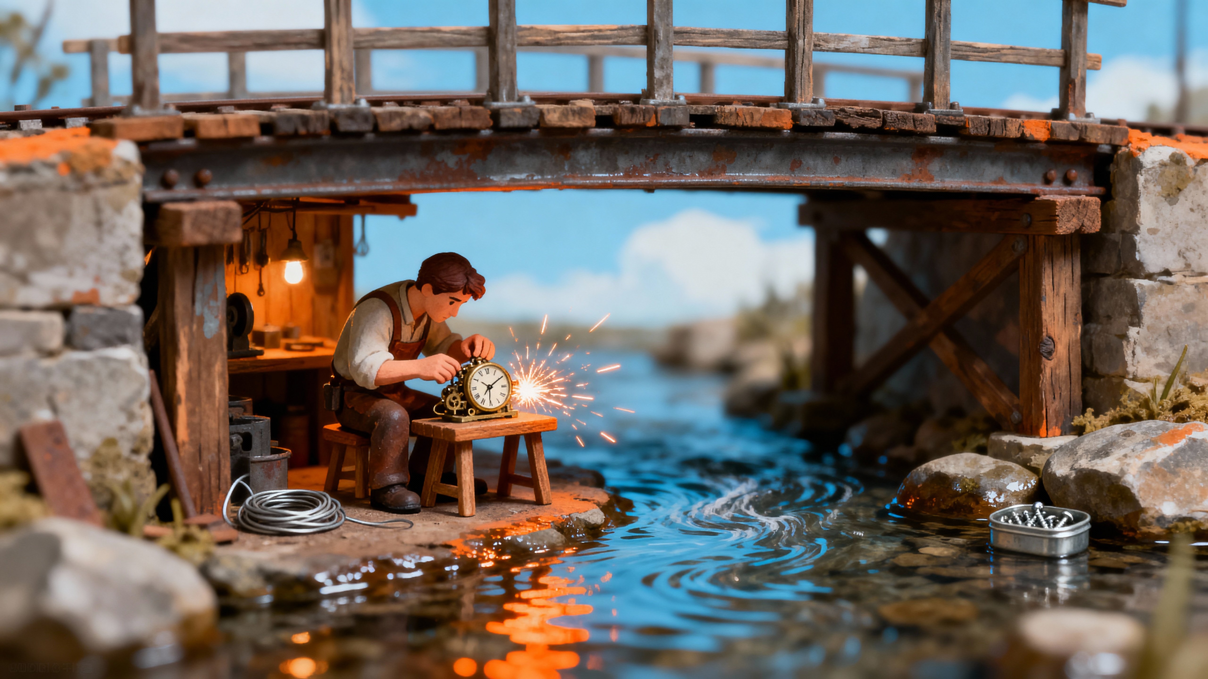 A tiny repair shop nestles beneath a weathered wooden bridge, tools scattered and sparks glowing as water flows quietly below in a moody, intimate scene.