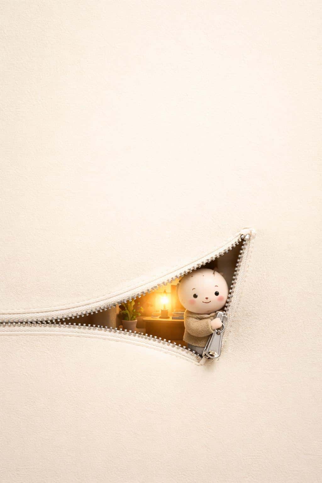 A 2:3 portrait of a warm cream, paper-grain surface with a neat zipper in the lower third revealing a cozy miniature room and a peeking 3D character with soft glow.