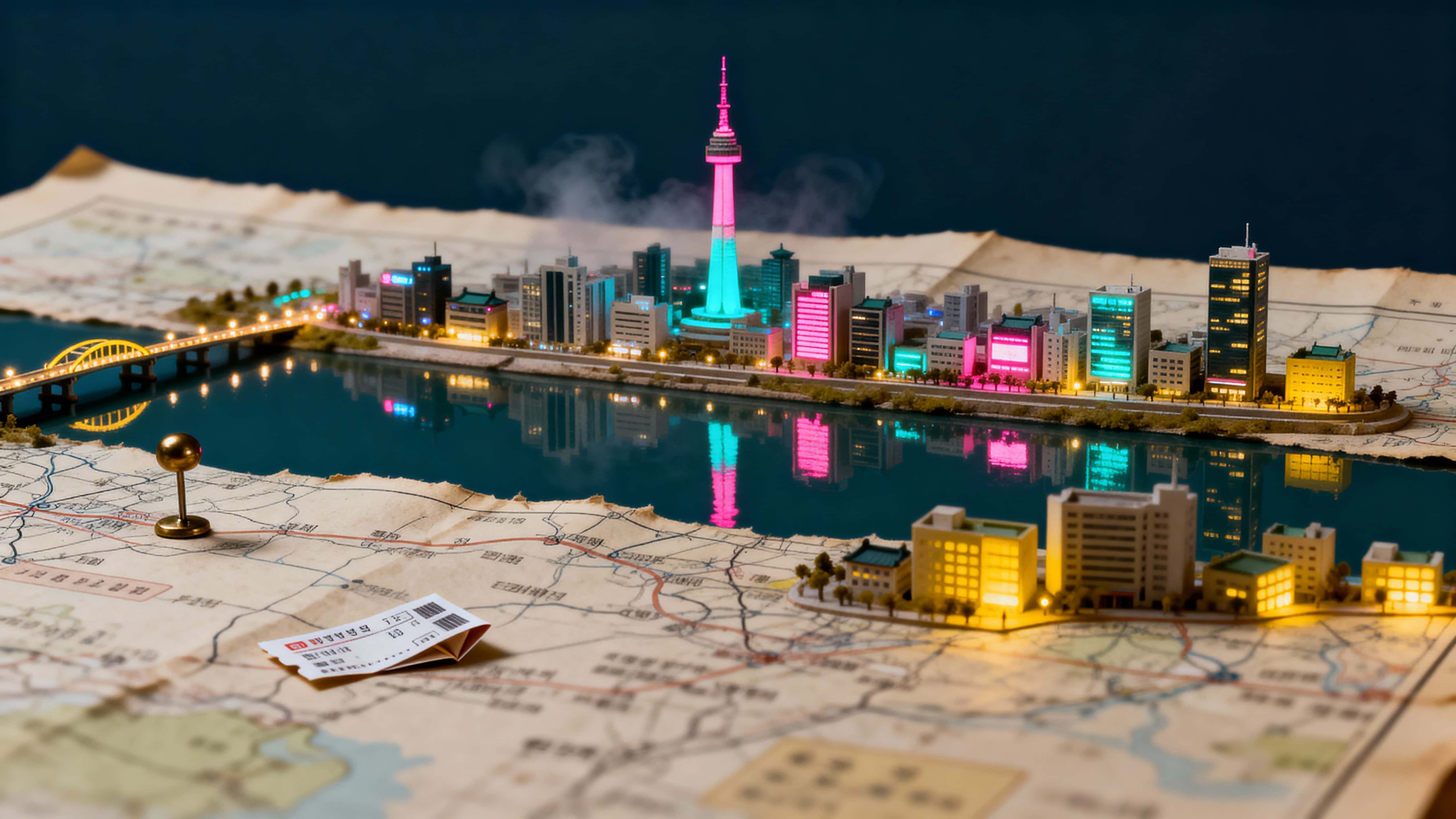 A miniature Seoul skyline of tiny neon buildings and a softly lit bridge crossing the Han River is printed onto an aged paper map and photographed as a tabletop diorama in warm, atmospheric glow.