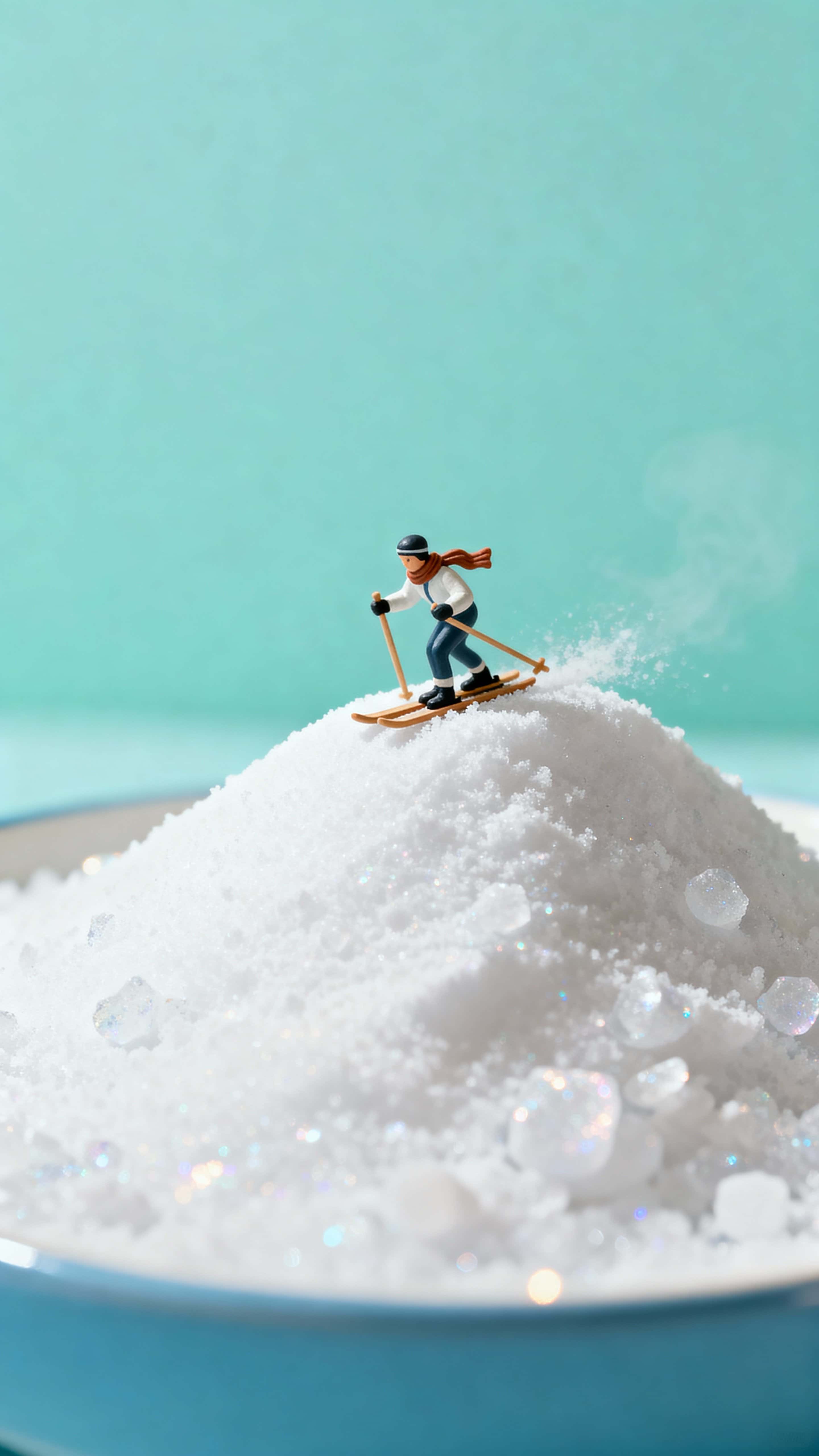 A tiny skier navigates a powdered sugar hill in a whimsy tabletop winter scene, lit to feel soft and crisp with pastel highlights and delicate shadows.