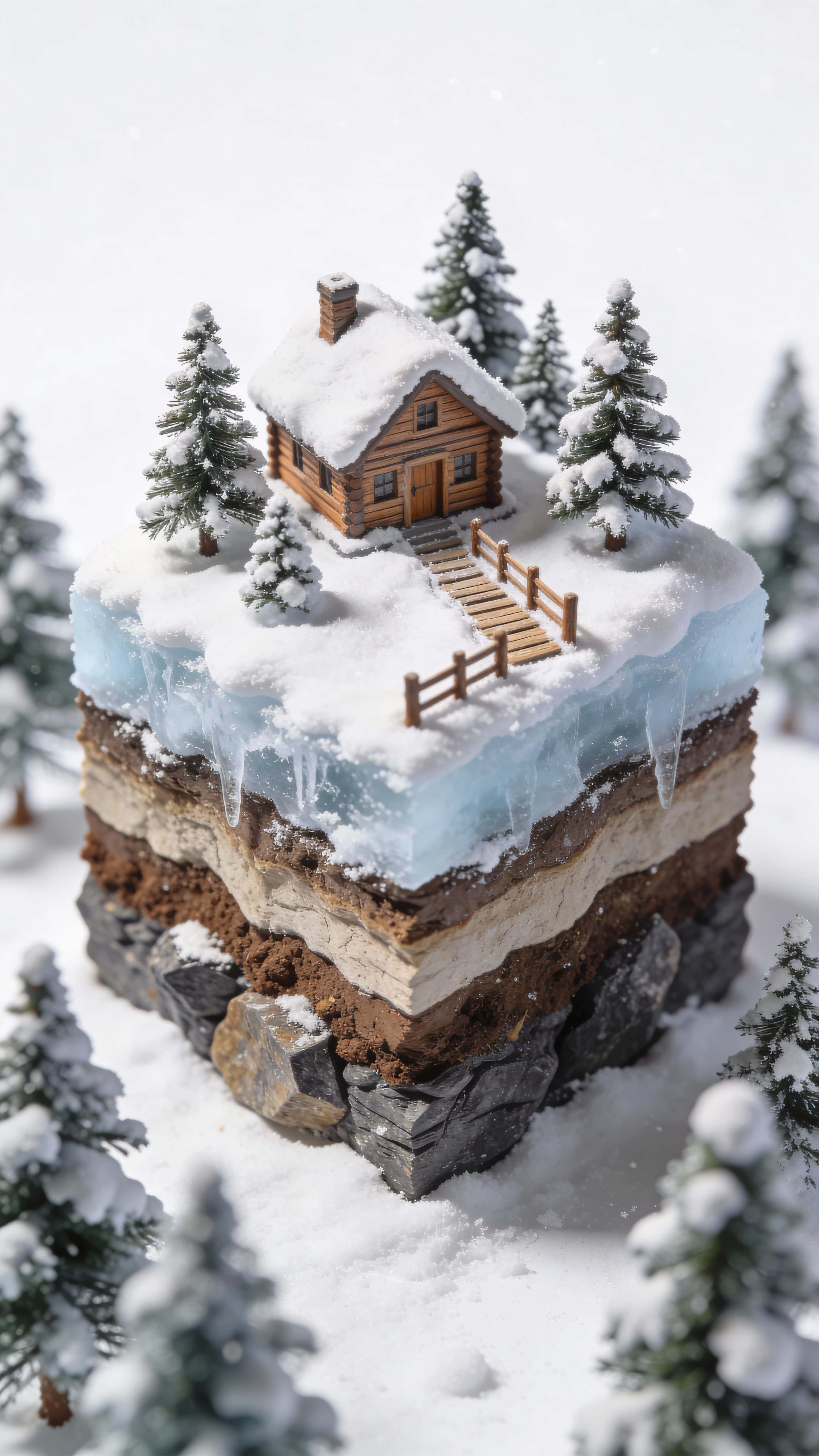 A 3D macro miniature of a small wooden cabin atop a floating cutaway terrain block with thick snow, pine trees dusted with snow, a wooden fence path, visible soil and rock layers, and soft winter daylight in a 9:16 frame.